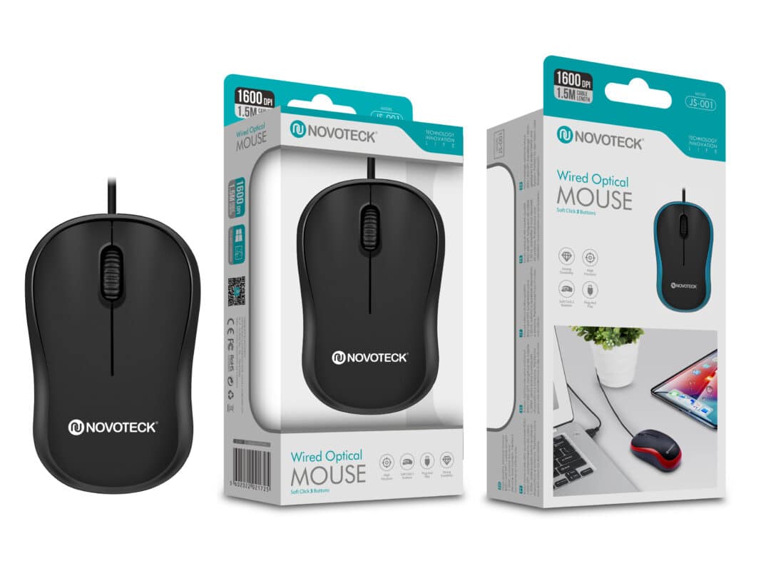 Rato Óptico com Fio Negro JS-001 - Precisão e Conforto de 1600 DPI