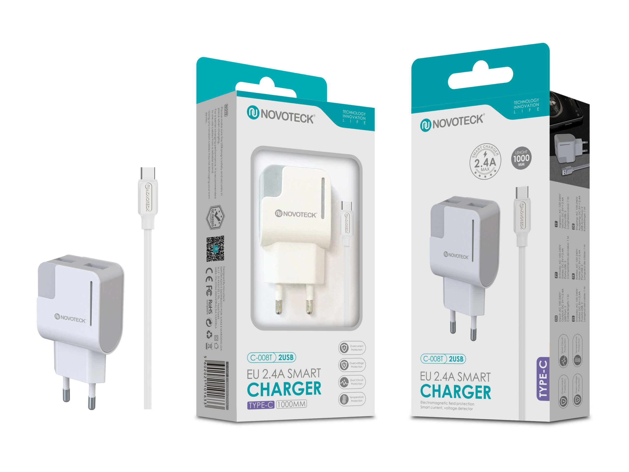 Carregador com Cabo Type-C Branco 2.4A 2 USB Full Compatible C-008T