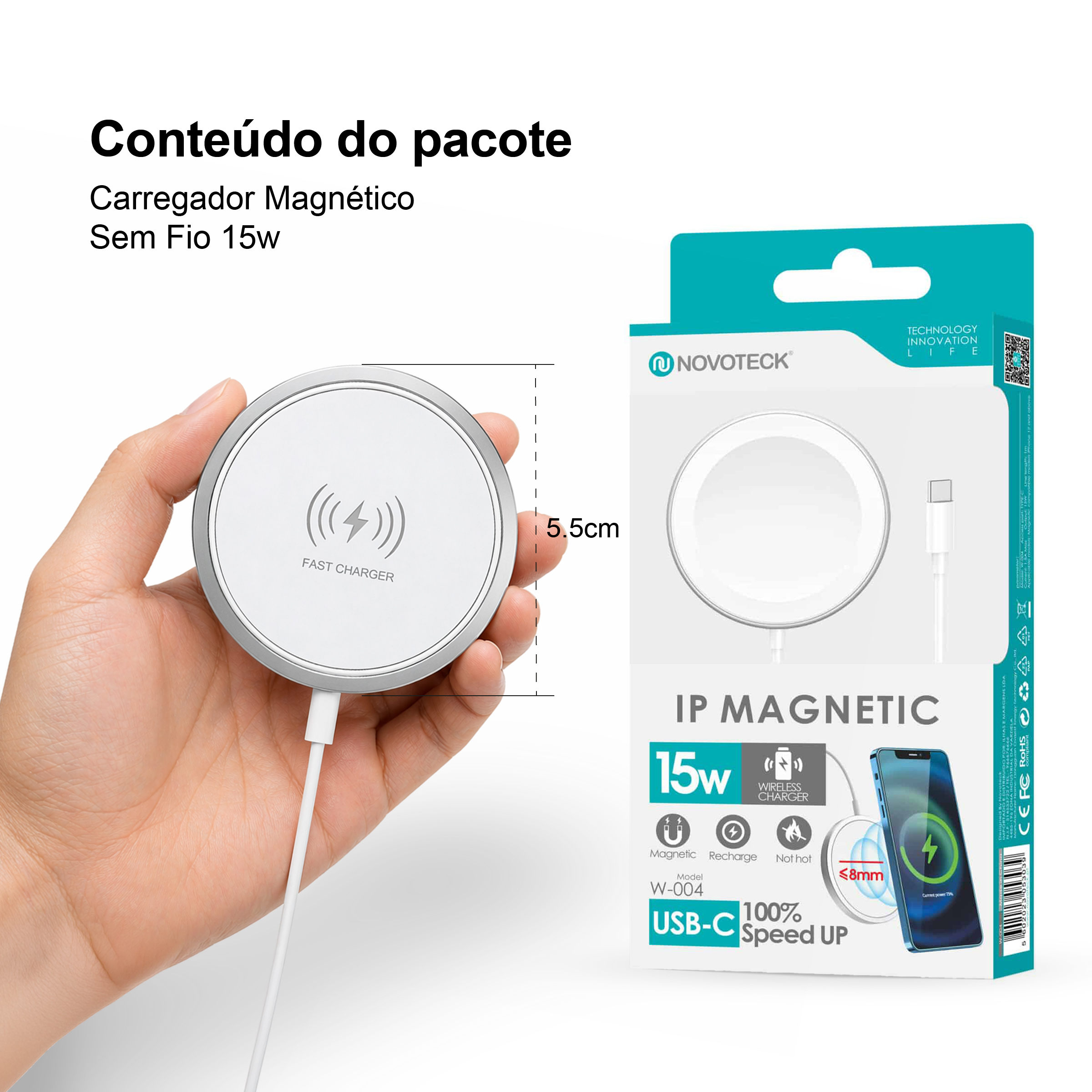 Carregador Magnético Sem Fio Magsafe W-004 - 15W, Design Slim, Segurança Integrada - Image 10
