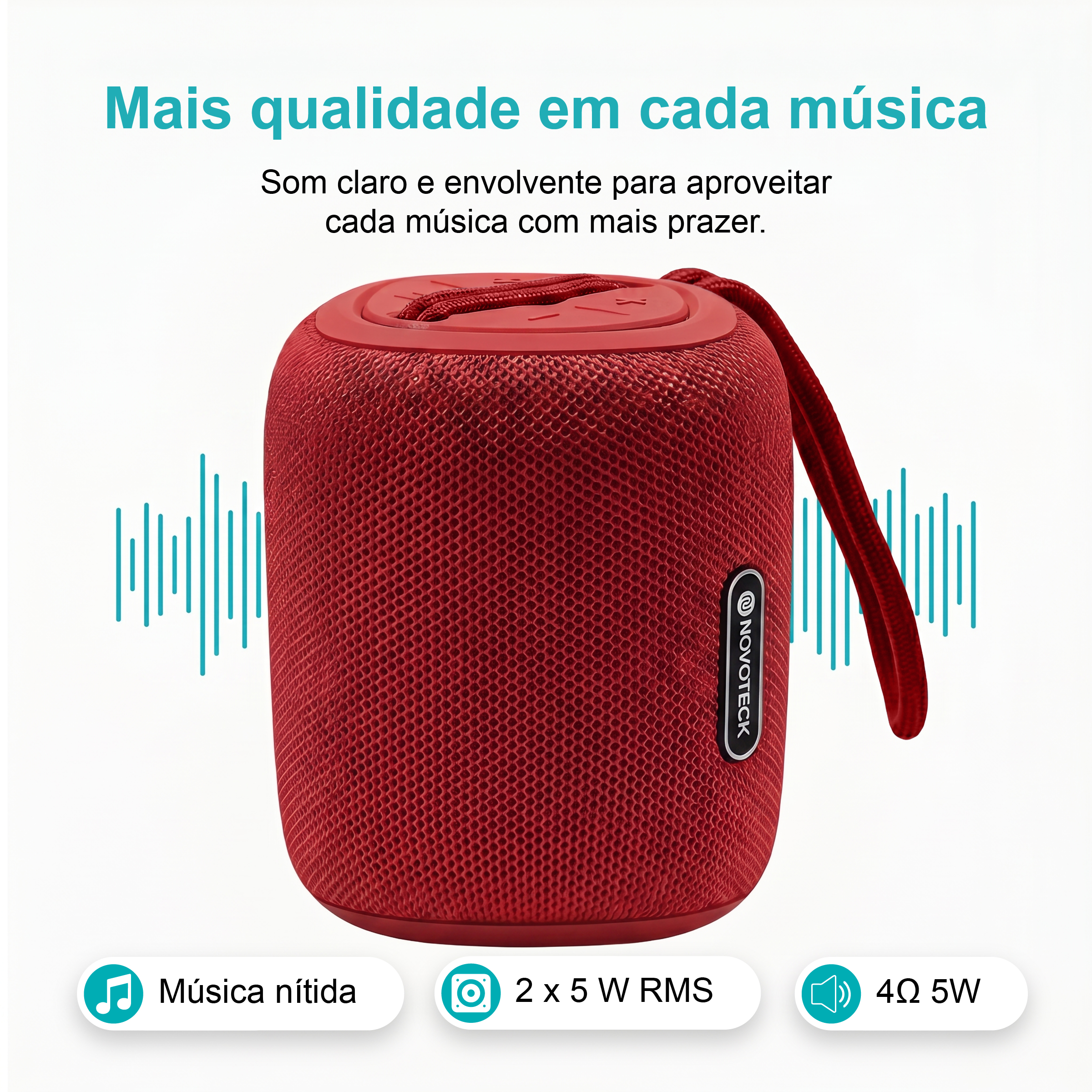 Coluna Portátil NOVOTECK XB-009 Vermelho– Liberdade Sem Fios e Design Prático para o Dia-a-Dia - Image 3