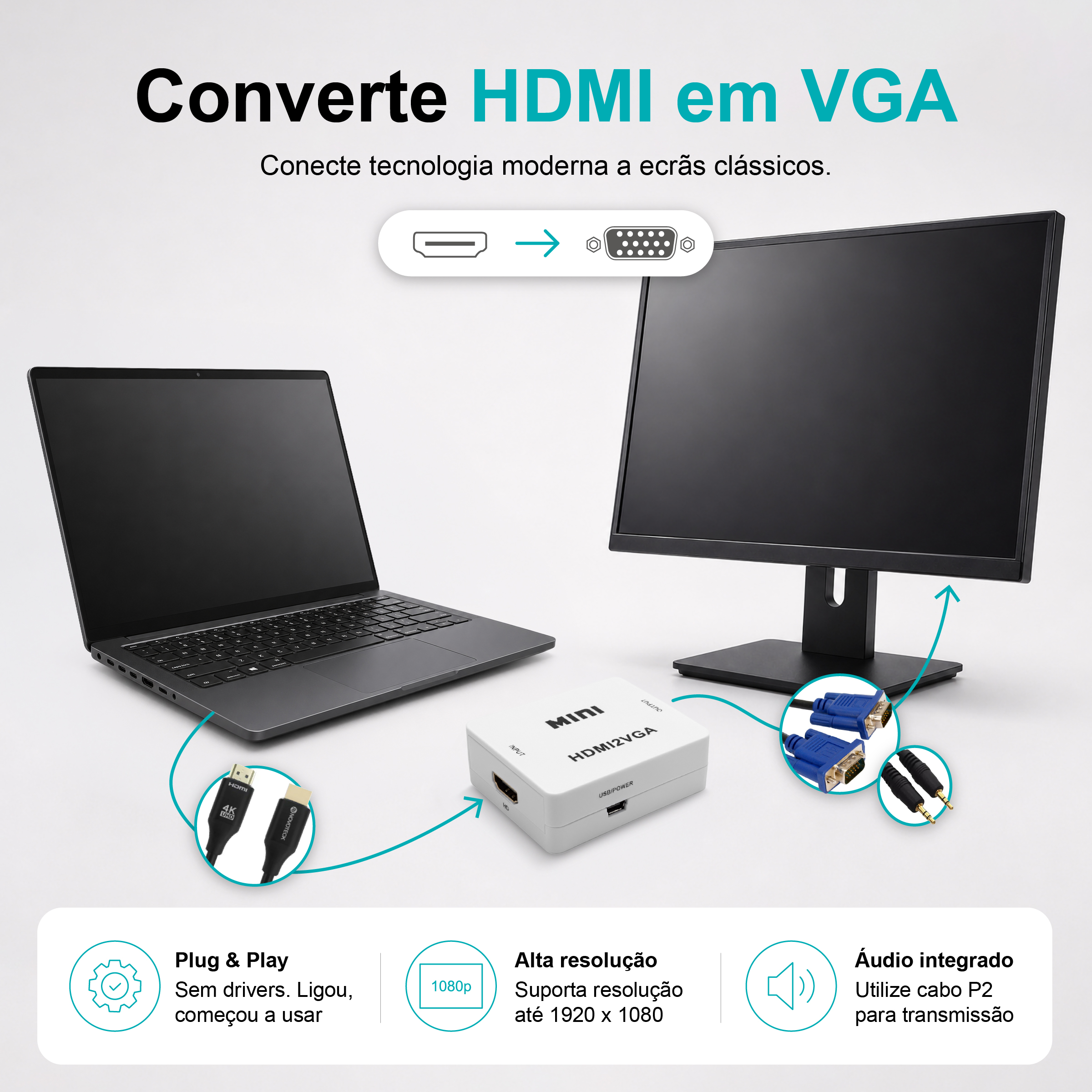 Conversor HDMI para VGA Novoteck HK-090 – Full HD 1080p com Saída de Áudio - Image 3