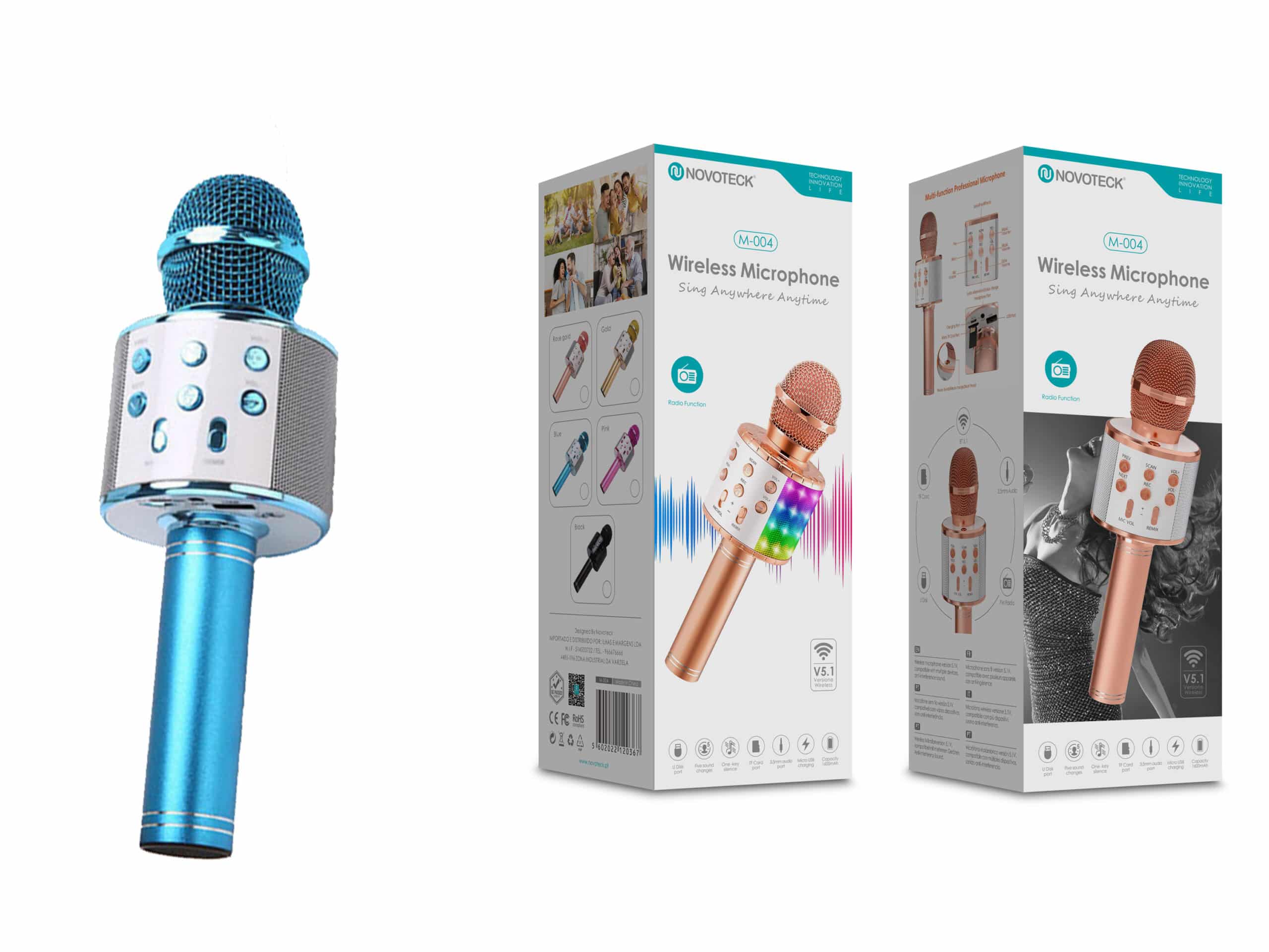 Microfone Bluetooth Sem Fios Azul M-004 com Alto-Falante Integrado e Luz LED – Karaokê Portátil