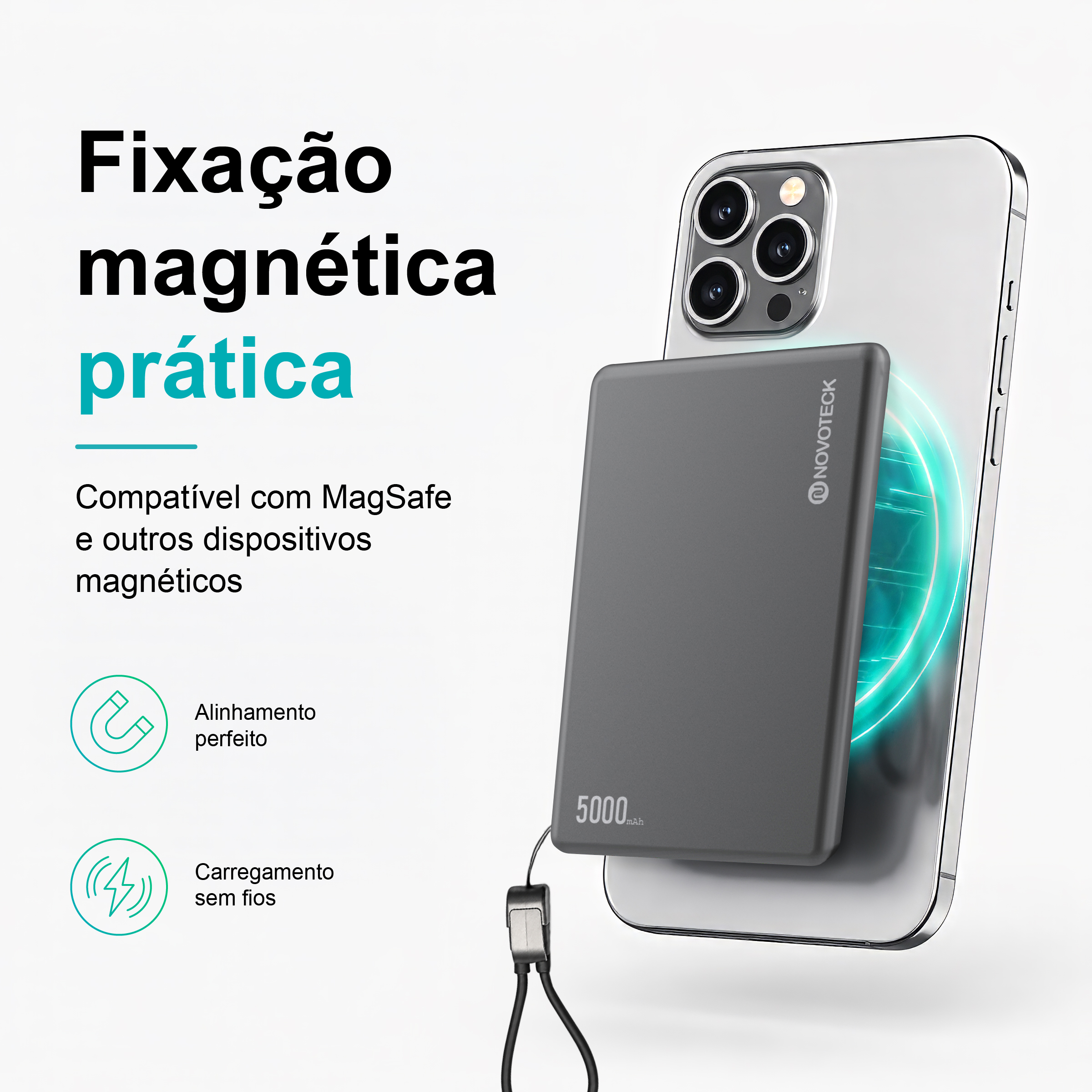 Power Bank Ultrafino NOVOTECK PB-017 5000mAh – Carregamento Rápido 20W e Sem Fios 15W, Compatível com MagSafe, Design Magnético Compacto - Image 5