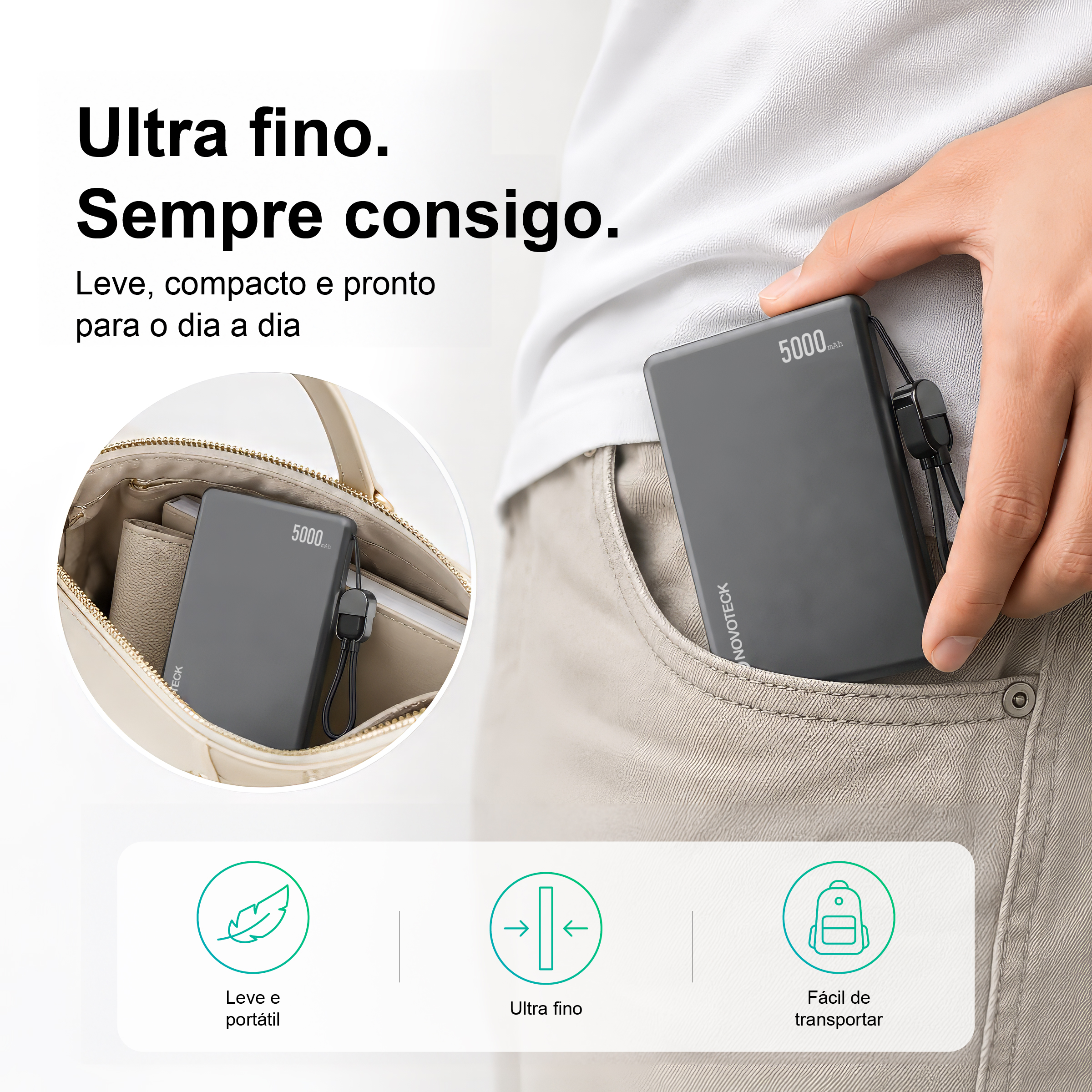 Power Bank Ultrafino NOVOTECK PB-017 5000mAh – Carregamento Rápido 20W e Sem Fios 15W, Compatível com MagSafe, Design Magnético Compacto - Image 6