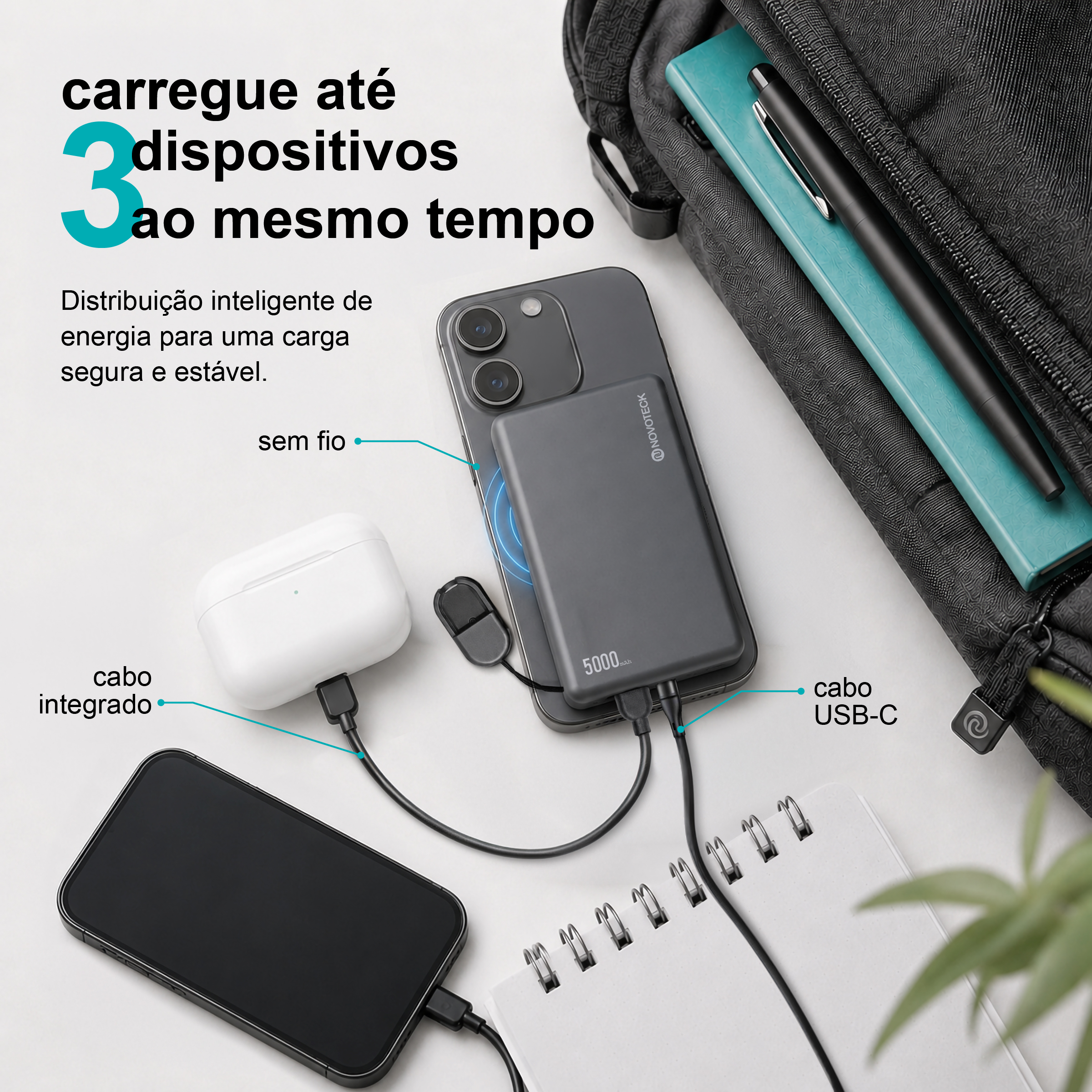 Power Bank Ultrafino NOVOTECK PB-017 5000mAh – Carregamento Rápido 20W e Sem Fios 15W, Compatível com MagSafe, Design Magnético Compacto - Image 7