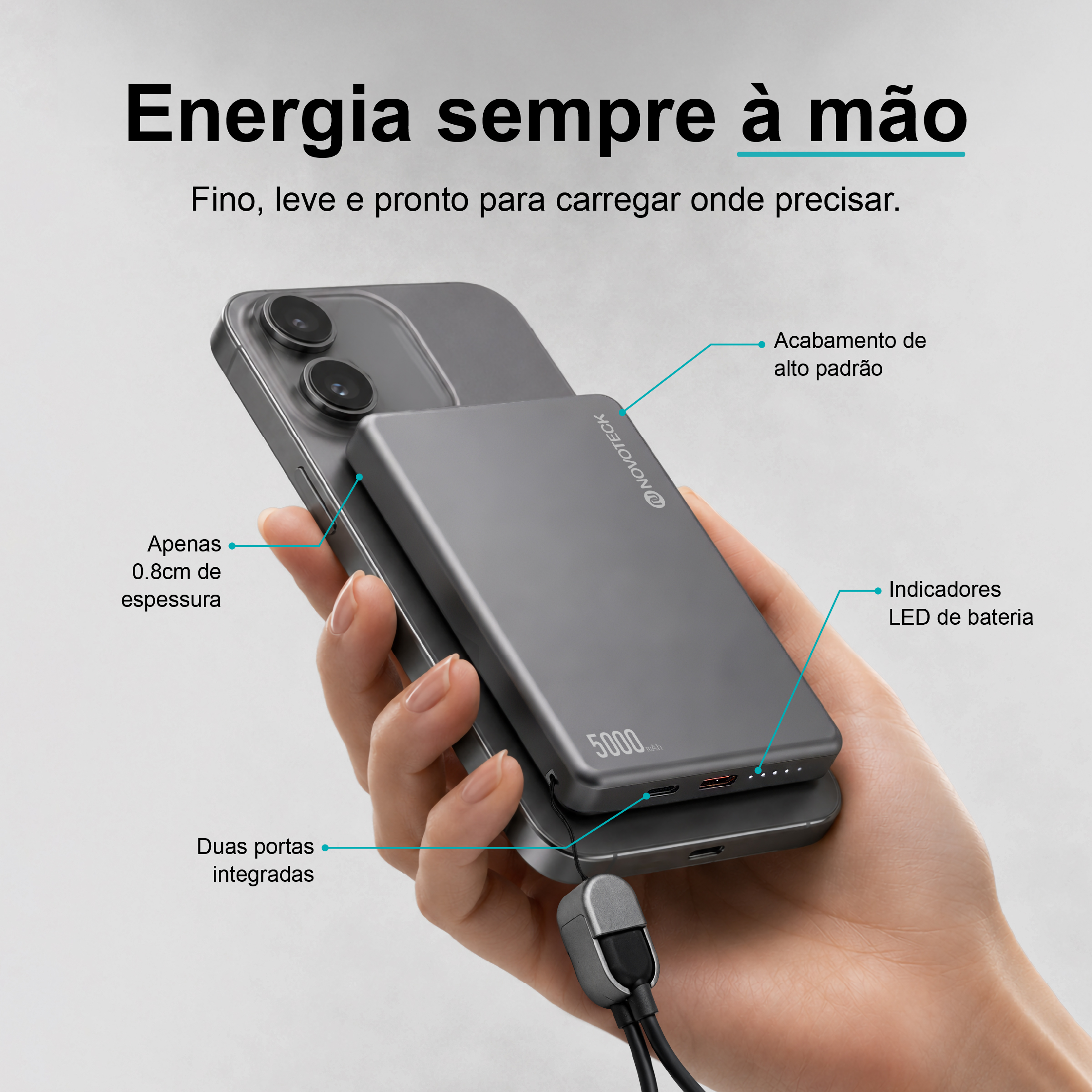 Power Bank Ultrafino NOVOTECK PB-017 5000mAh – Carregamento Rápido 20W e Sem Fios 15W, Compatível com MagSafe, Design Magnético Compacto - Image 9