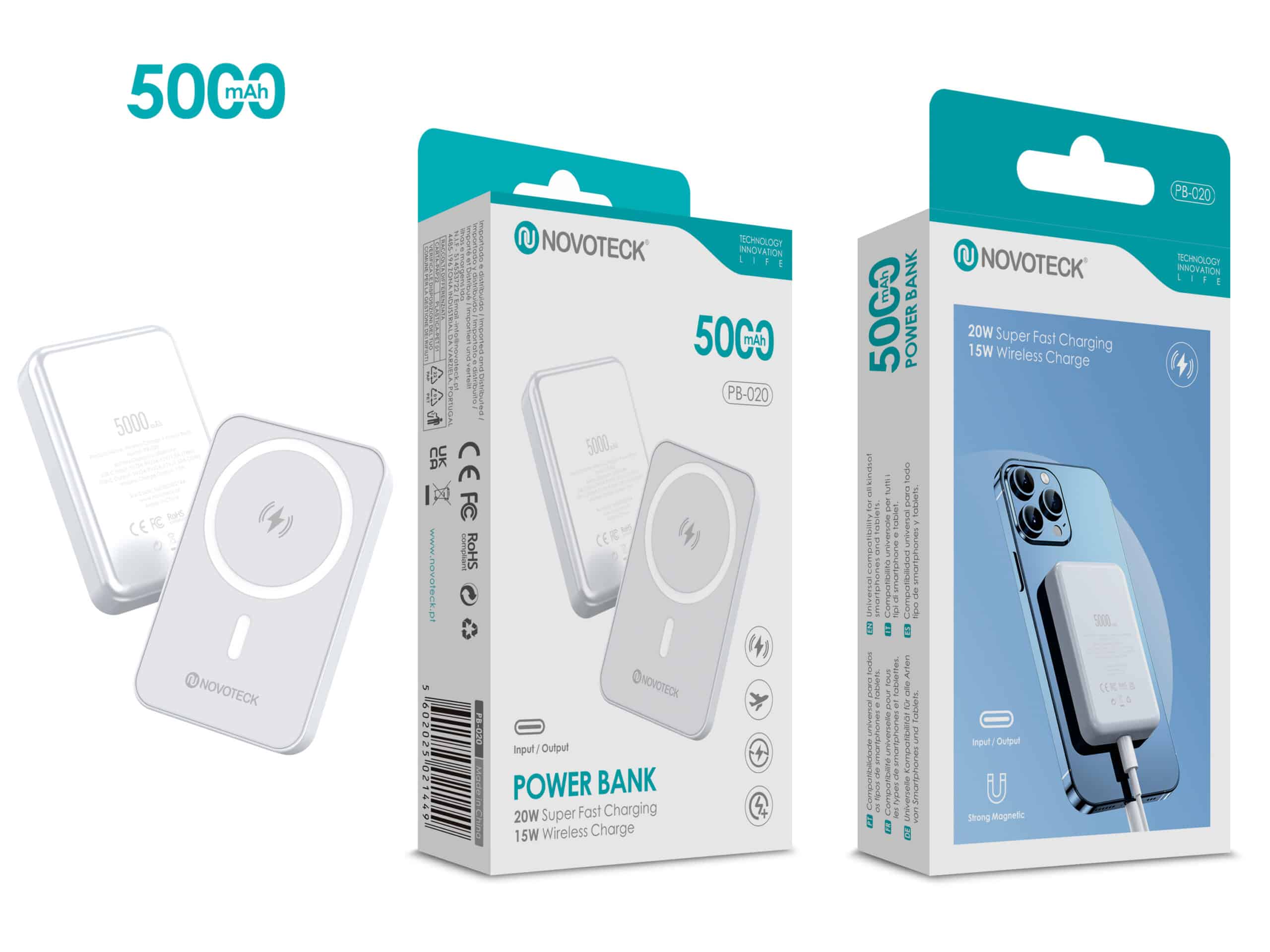 Power Bank Magnético NOVOTECK PB-020 5000mAh – Carregamento Rápido 20W e Wireless 15W, Compatível com MagSafe