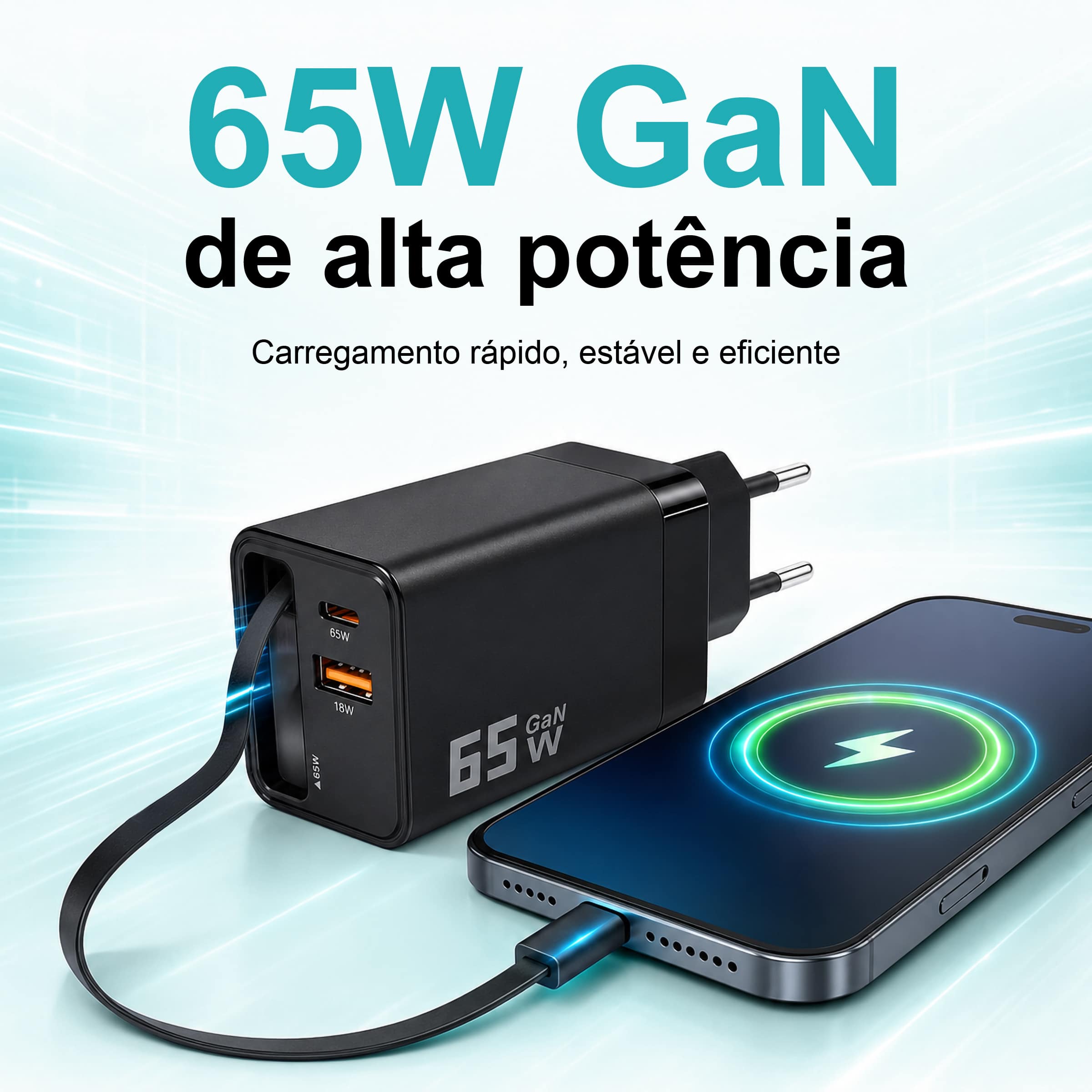 Carregador Rápido GaN de 65W com Cabo Tipo-C Retrátil – 3 Portas USB (PD + QC) – NOVOTECK C-024 - Image 2
