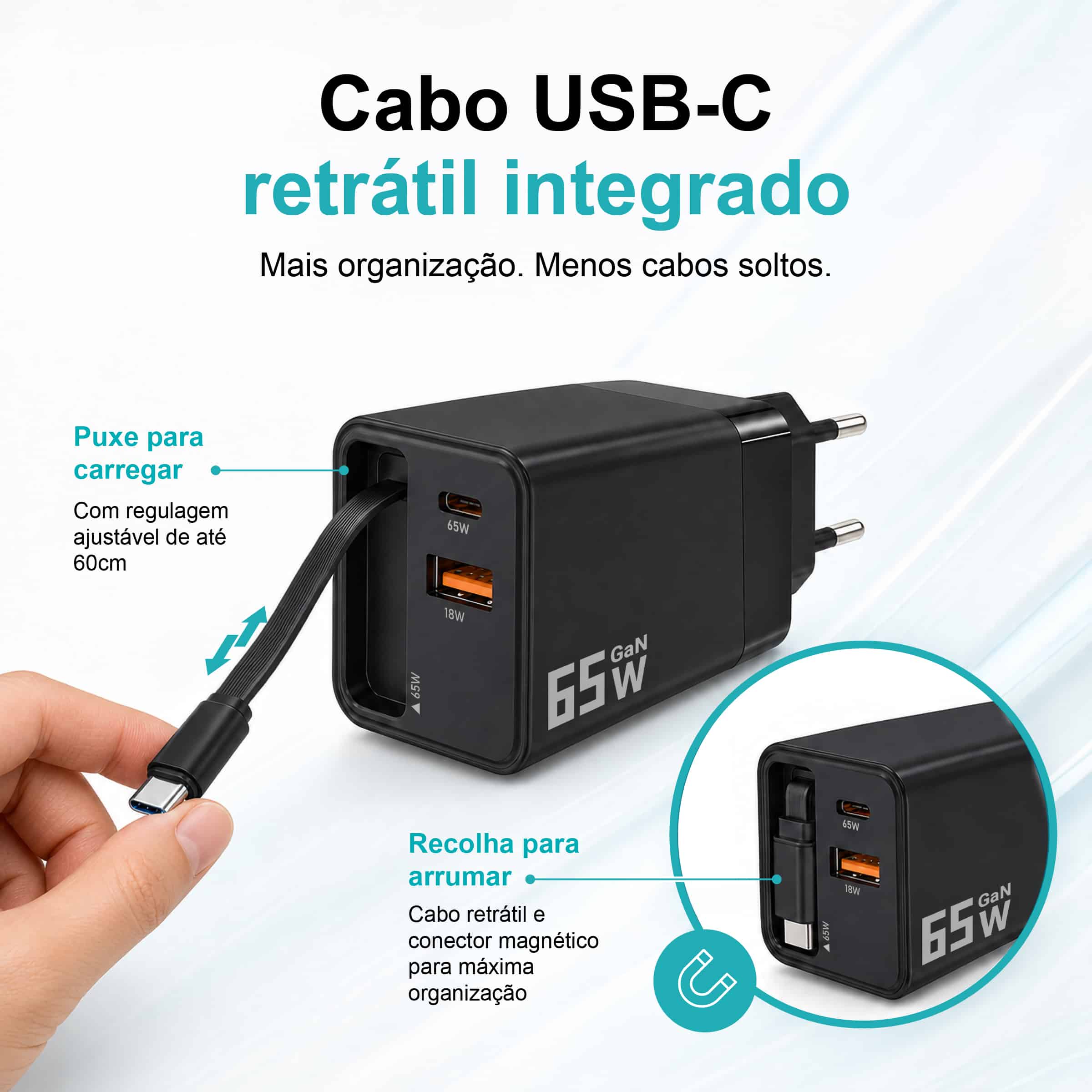 Carregador Rápido GaN de 65W com Cabo Tipo-C Retrátil – 3 Portas USB (PD + QC) – NOVOTECK C-024 - Image 3