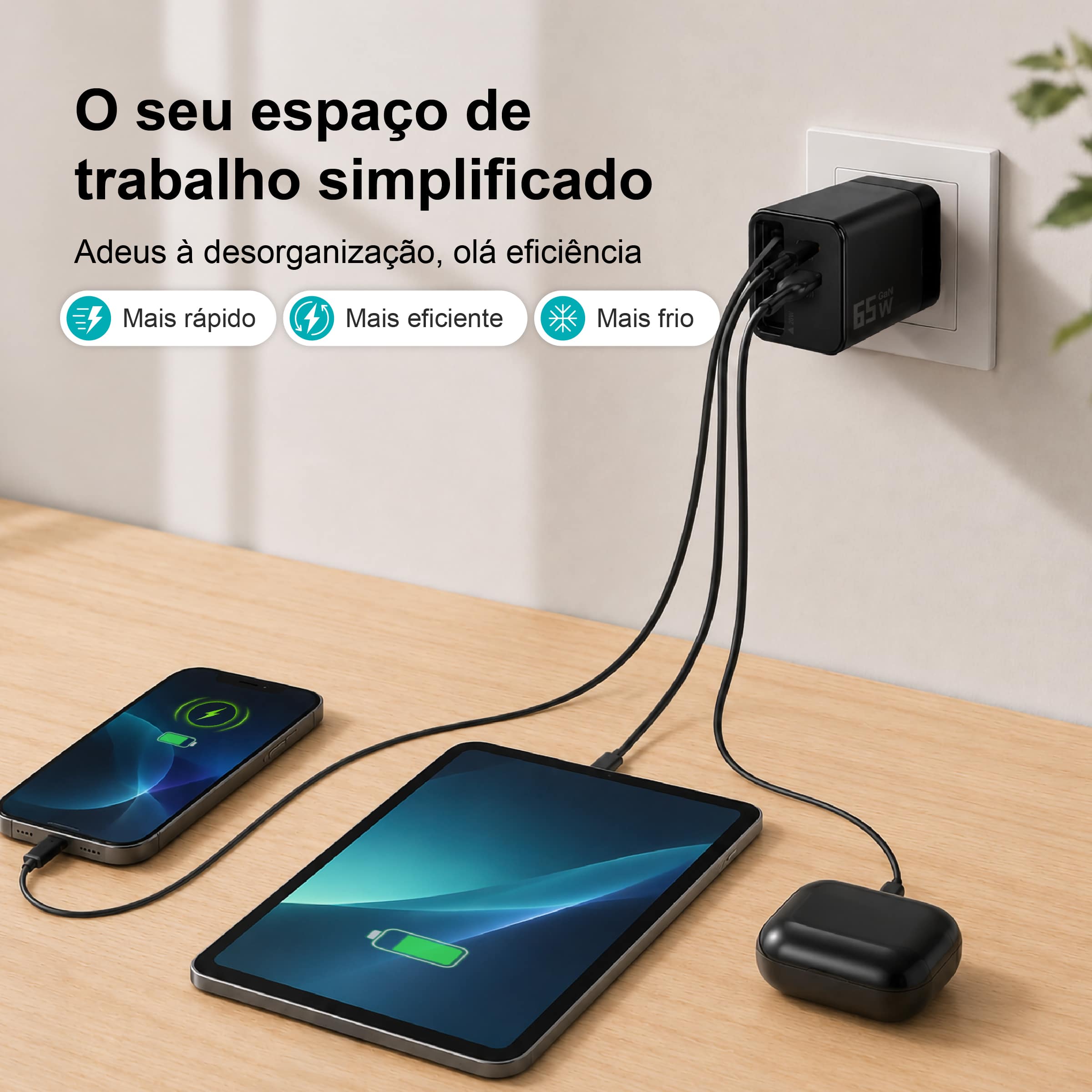 Carregador Rápido GaN de 65W com Cabo Tipo-C Retrátil – 3 Portas USB (PD + QC) – NOVOTECK C-024 - Image 5