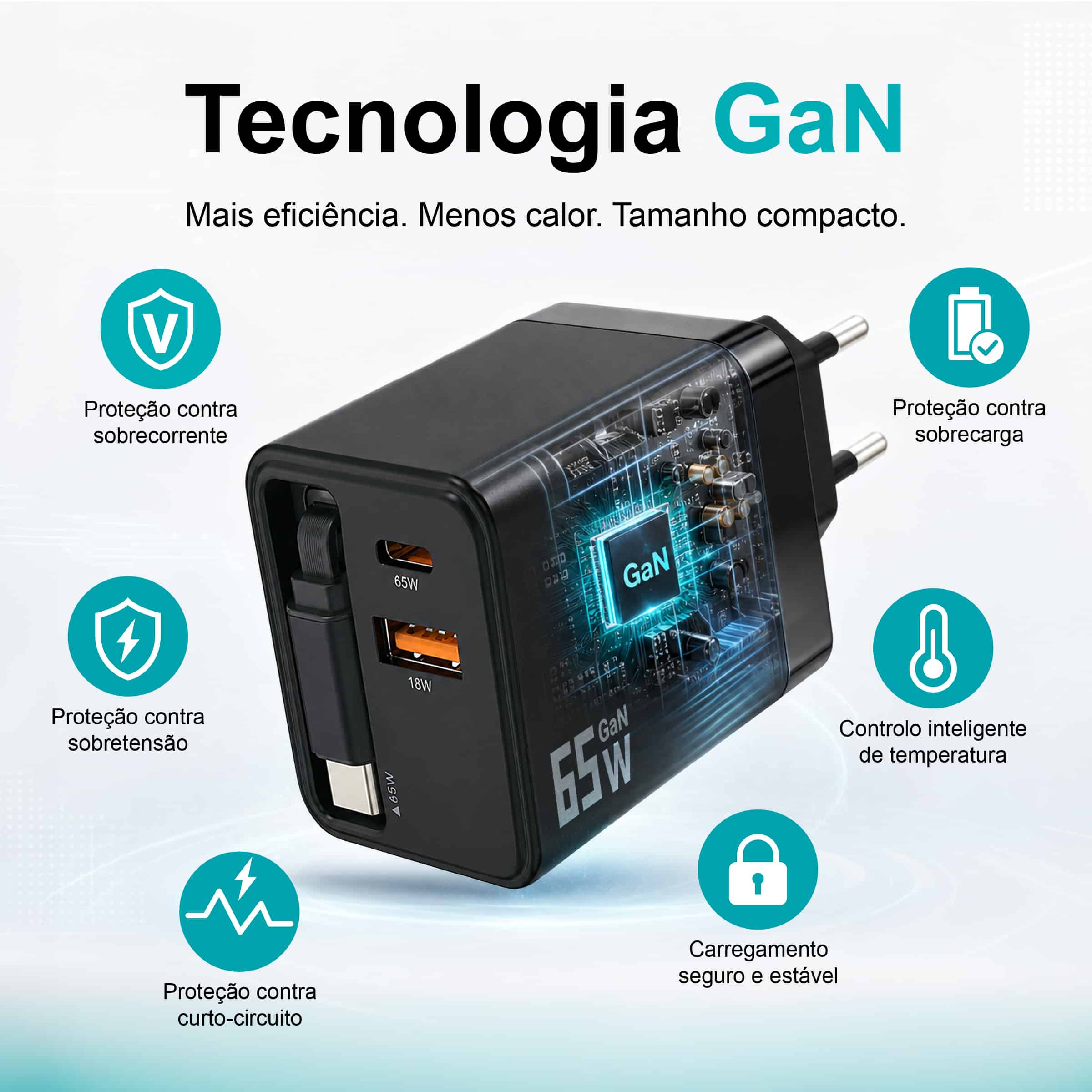 Carregador Rápido GaN de 65W com Cabo Tipo-C Retrátil – 3 Portas USB (PD + QC) – NOVOTECK C-024 - Image 7