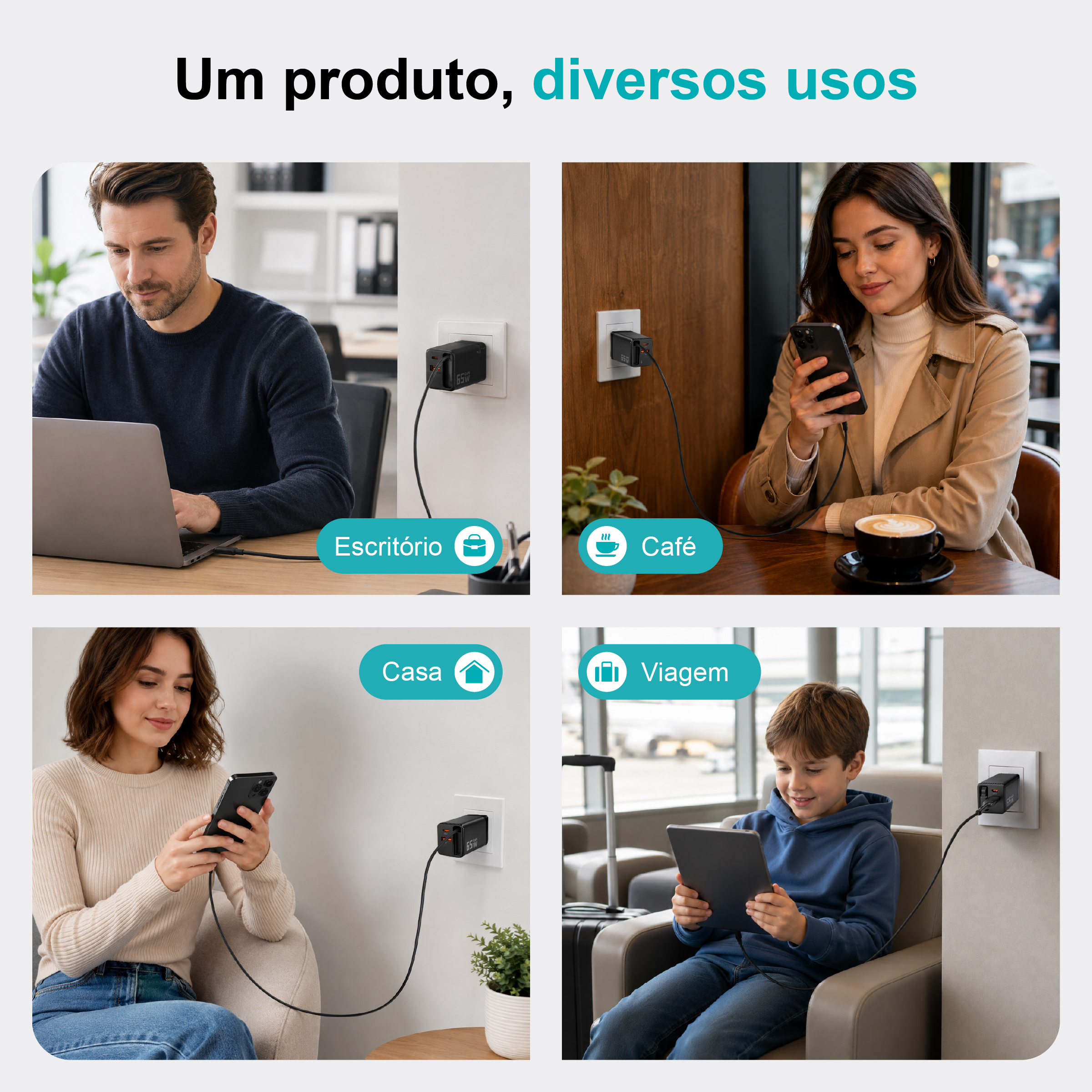 Carregador Rápido GaN de 65W com Cabo Tipo-C Retrátil – 3 Portas USB (PD + QC) – NOVOTECK C-024 - Image 8