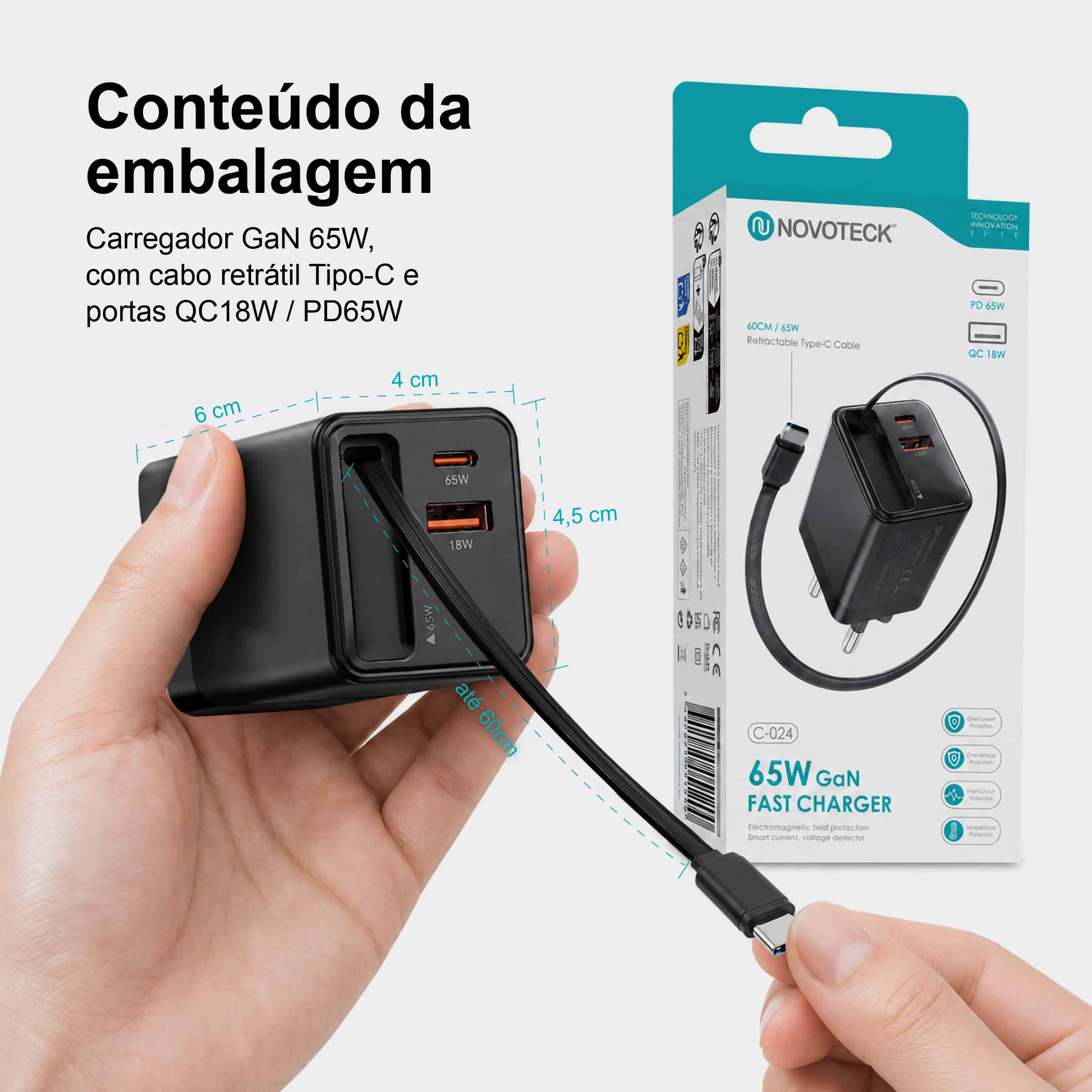 Carregador Rápido GaN de 65W com Cabo Tipo-C Retrátil – 3 Portas USB (PD + QC) – NOVOTECK C-024 - Image 10