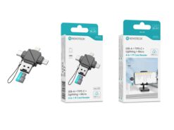 Leitor de Cartões 4 em 1 HK-107 – USB-A, Type-C, Lightning e Micro USB, Compatível com TF (MicroSD)