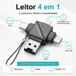 Leitor de Cartões 4 em 1 HK-107 – USB-A, Type-C, Lightning e Micro USB, Compatível com TF (MicroSD) - Image 2