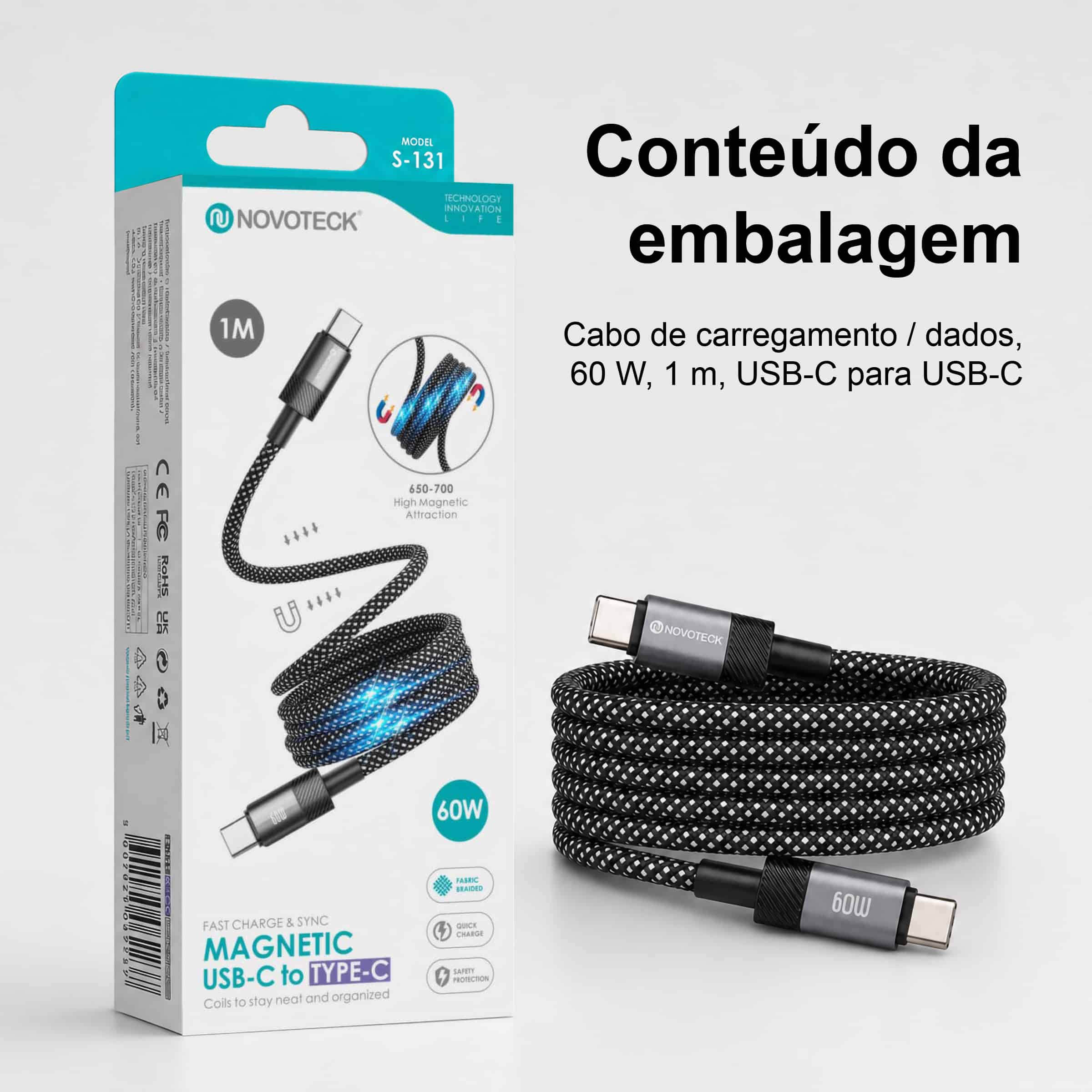 Cabo Magnético USB-C para USB-C Novoteck S-131 – 60W, 1 Metro, Organização Automática, Revestimento em Tecido, Alta Atração Magnética (650–700 Gauss) - Image 8