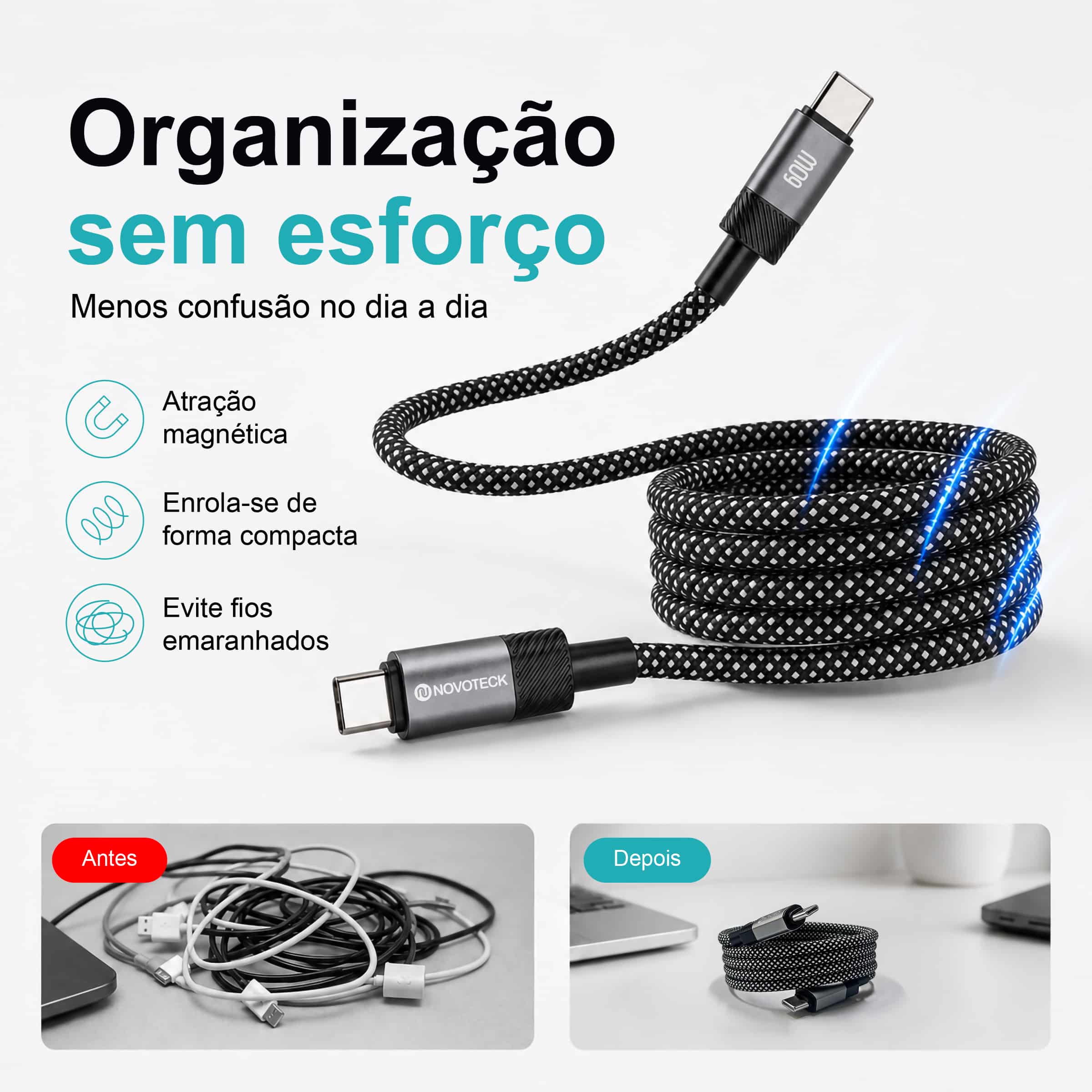 Cabo Magnético USB-C para USB-C Novoteck S-131 – 60W, 1 Metro, Organização Automática, Revestimento em Tecido, Alta Atração Magnética (650–700 Gauss) - Image 2