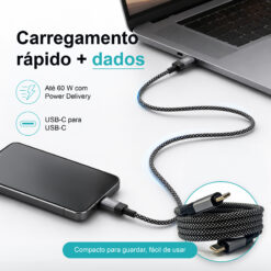 Cabo Magnético USB-C para USB-C Novoteck S-131 – 60W, 1 Metro, Organização Automática, Revestimento em Tecido, Alta Atração Magnética (650–700 Gauss) - Image 3