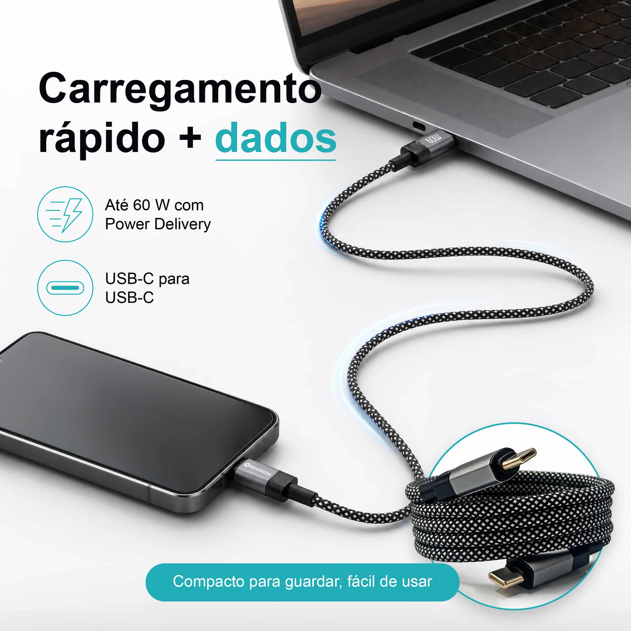 Cabo Magnético USB-C para USB-C Novoteck S-131 – 60W, 1 Metro, Organização Automática, Revestimento em Tecido, Alta Atração Magnética (650–700 Gauss) - Image 3