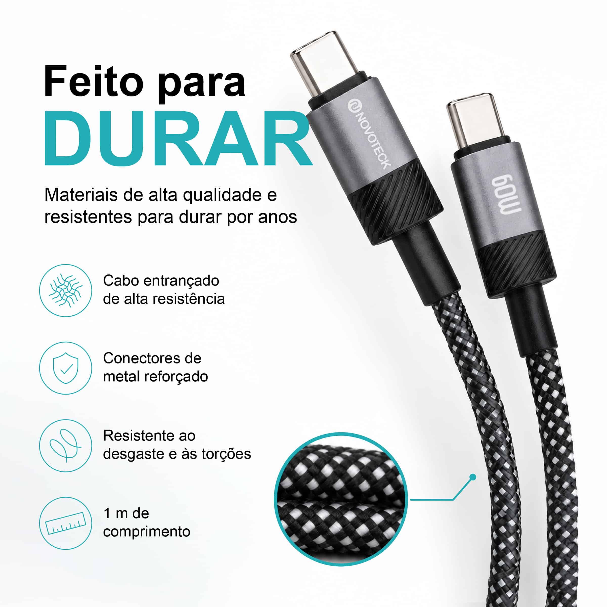 Cabo Magnético USB-C para USB-C Novoteck S-131 – 60W, 1 Metro, Organização Automática, Revestimento em Tecido, Alta Atração Magnética (650–700 Gauss) - Image 4