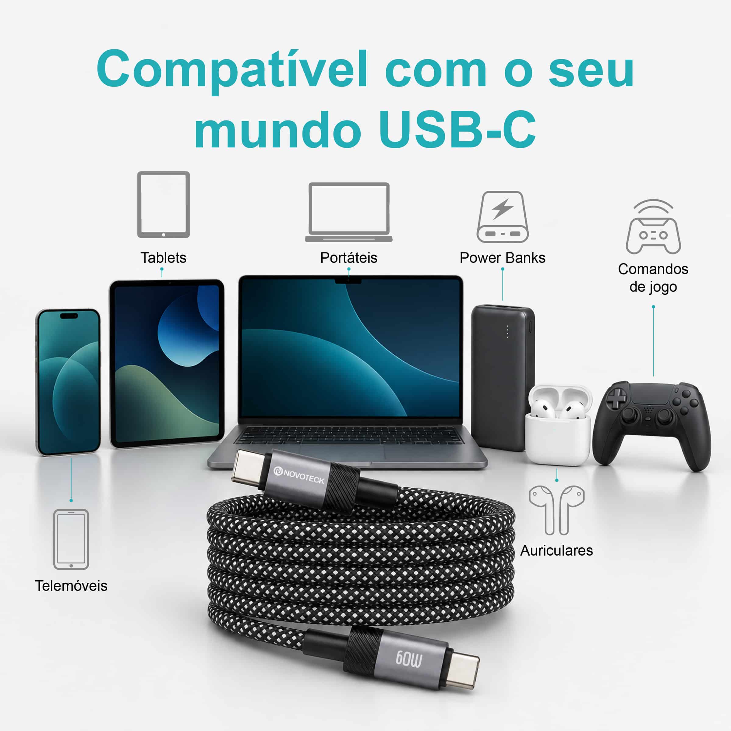 Cabo Magnético USB-C para USB-C Novoteck S-131 – 60W, 1 Metro, Organização Automática, Revestimento em Tecido, Alta Atração Magnética (650–700 Gauss) - Image 5