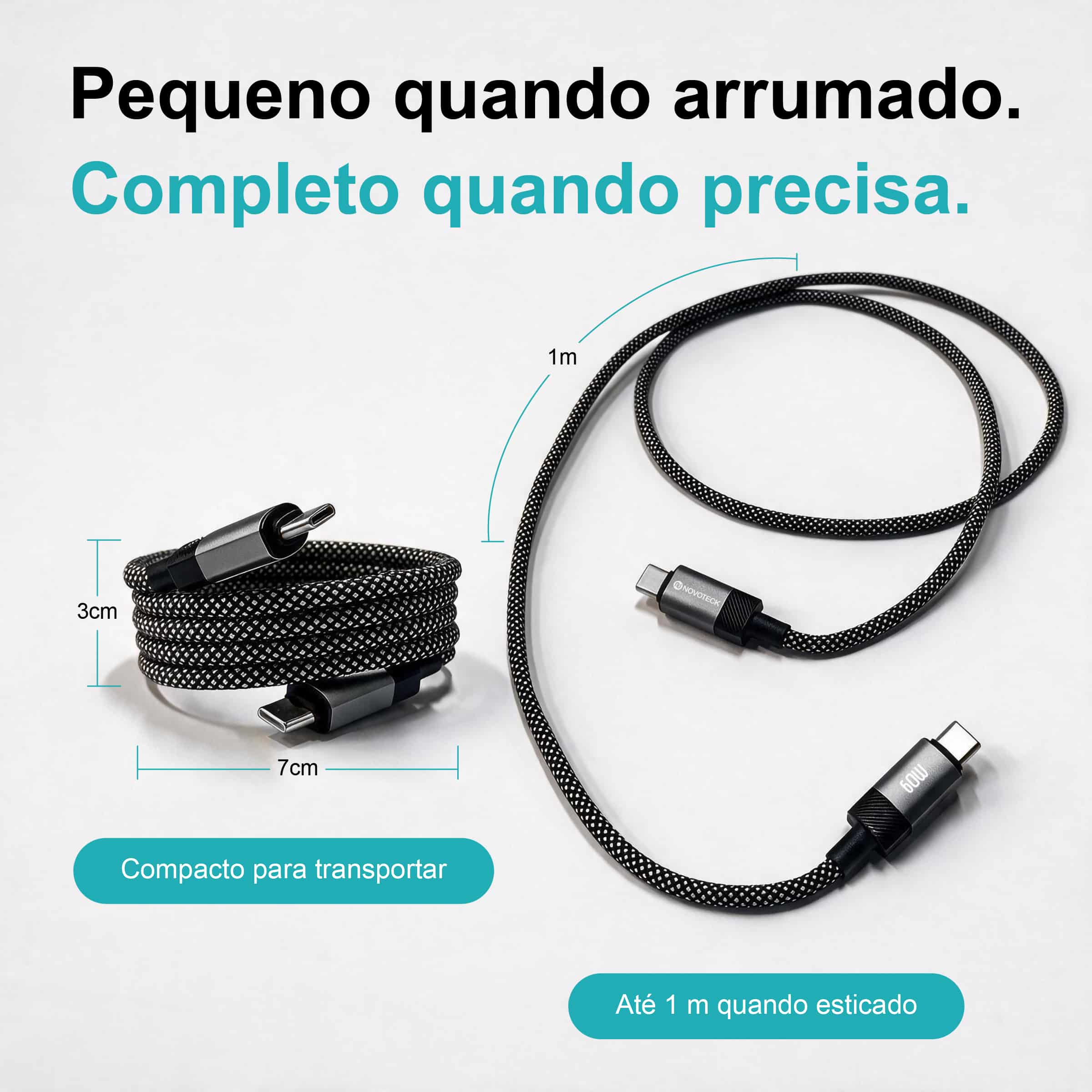 Cabo Magnético USB-C para USB-C Novoteck S-131 – 60W, 1 Metro, Organização Automática, Revestimento em Tecido, Alta Atração Magnética (650–700 Gauss) - Image 6