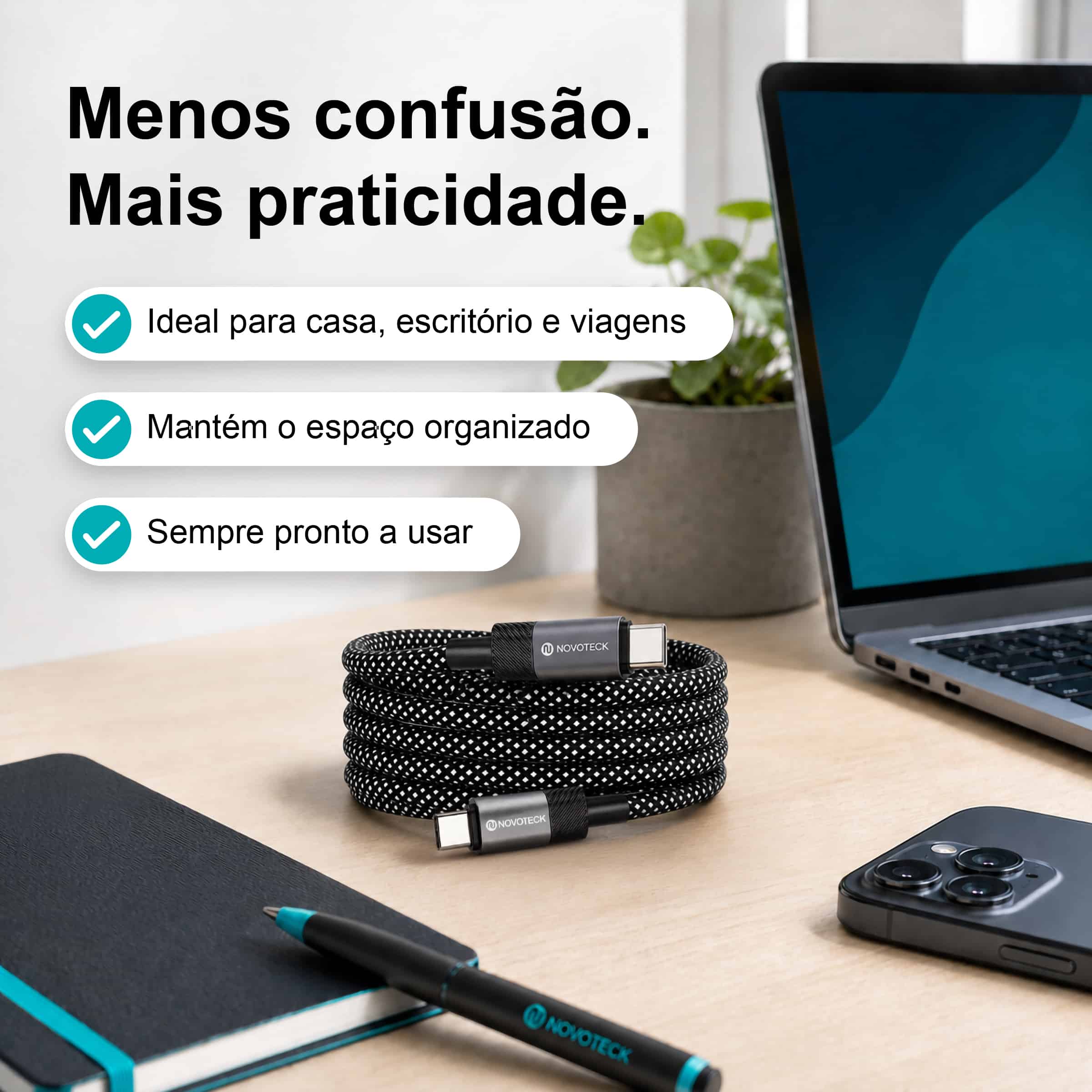 Cabo Magnético USB-C para USB-C Novoteck S-131 – 60W, 1 Metro, Organização Automática, Revestimento em Tecido, Alta Atração Magnética (650–700 Gauss) - Image 7