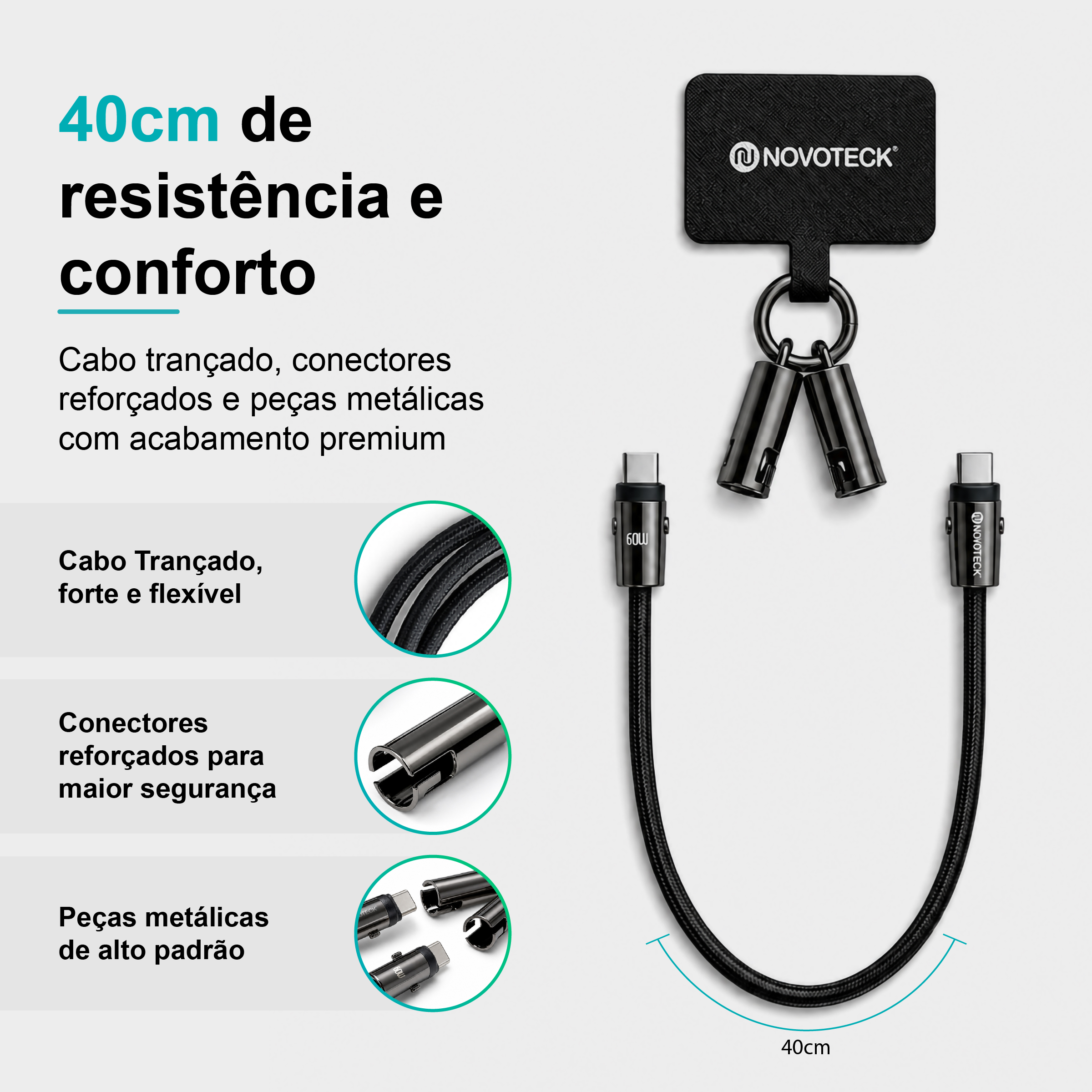 Cabo USB-C para USB-C S-135 com Alça de Pulso 40cm 60W para Carregamento e Dados - Image 4