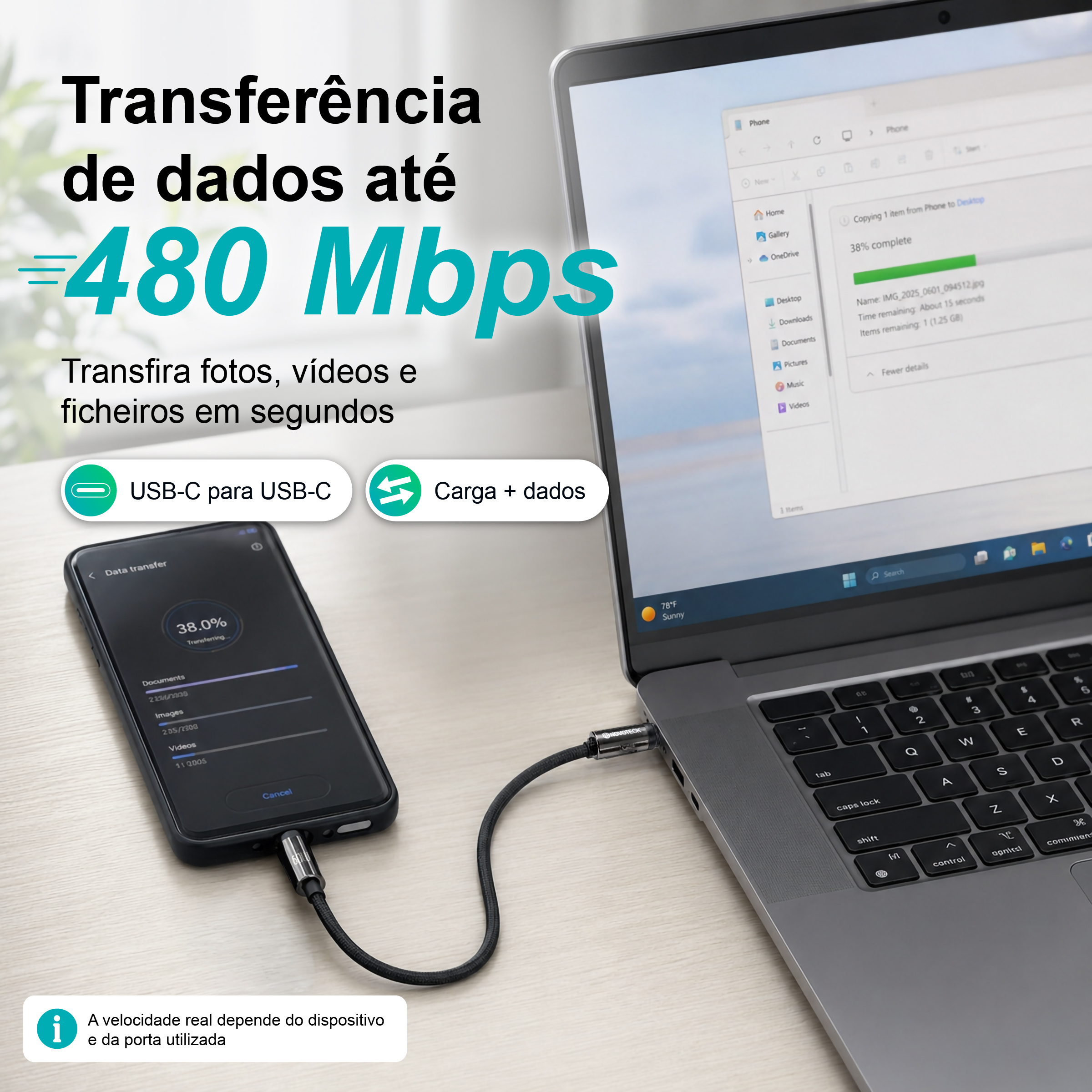 Cabo USB-C para USB-C S-135 com Alça de Pulso 40cm 60W para Carregamento e Dados - Image 7