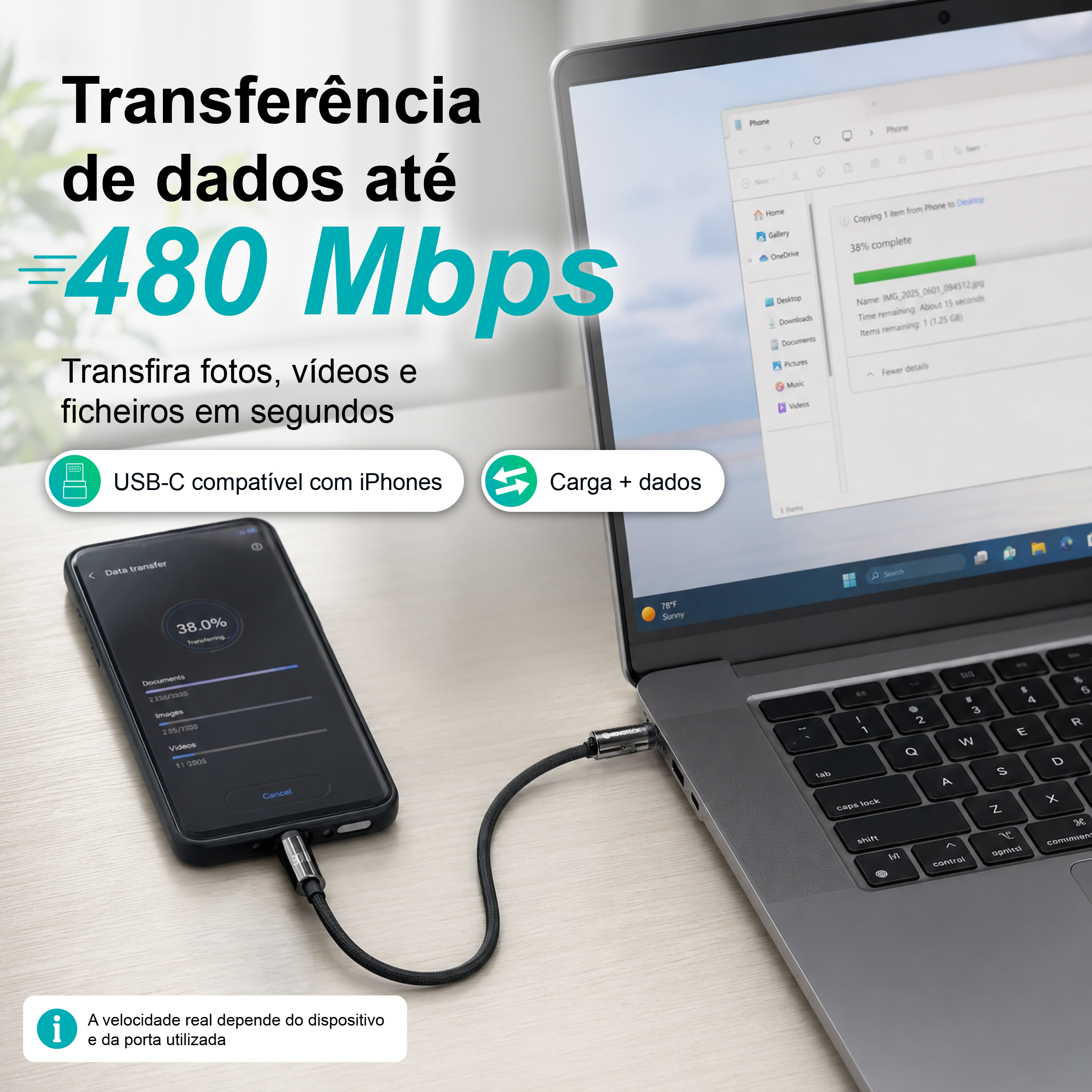 Cabo USB-C para Lightning S-136 com Alça de Pulso 40cm 30W para Carregamento e Dados - Image 8