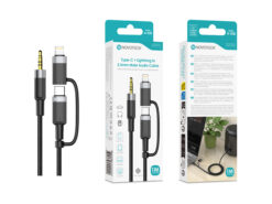 Cabo Áudio 2 em 1 NOVOTECK A-038 USB-C + Lightning para Jack 3.5mm, 1M para Carro, Colunas e Auscultadores