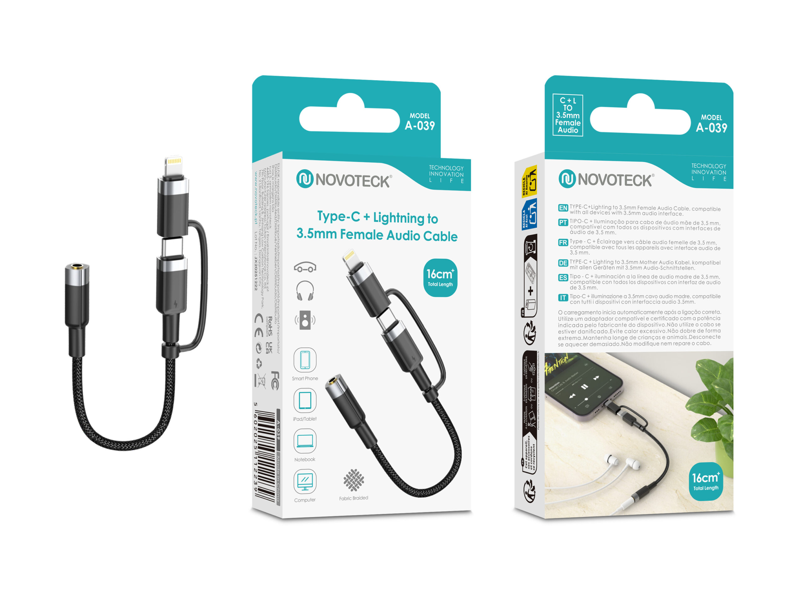Cabo Adaptador Áudio 2 em 1 NOVOTECK A-039 USB-C + Lightning para Jack 3.5mm Fêmea, 16cm, para Auscultadores, Colunas e Carro