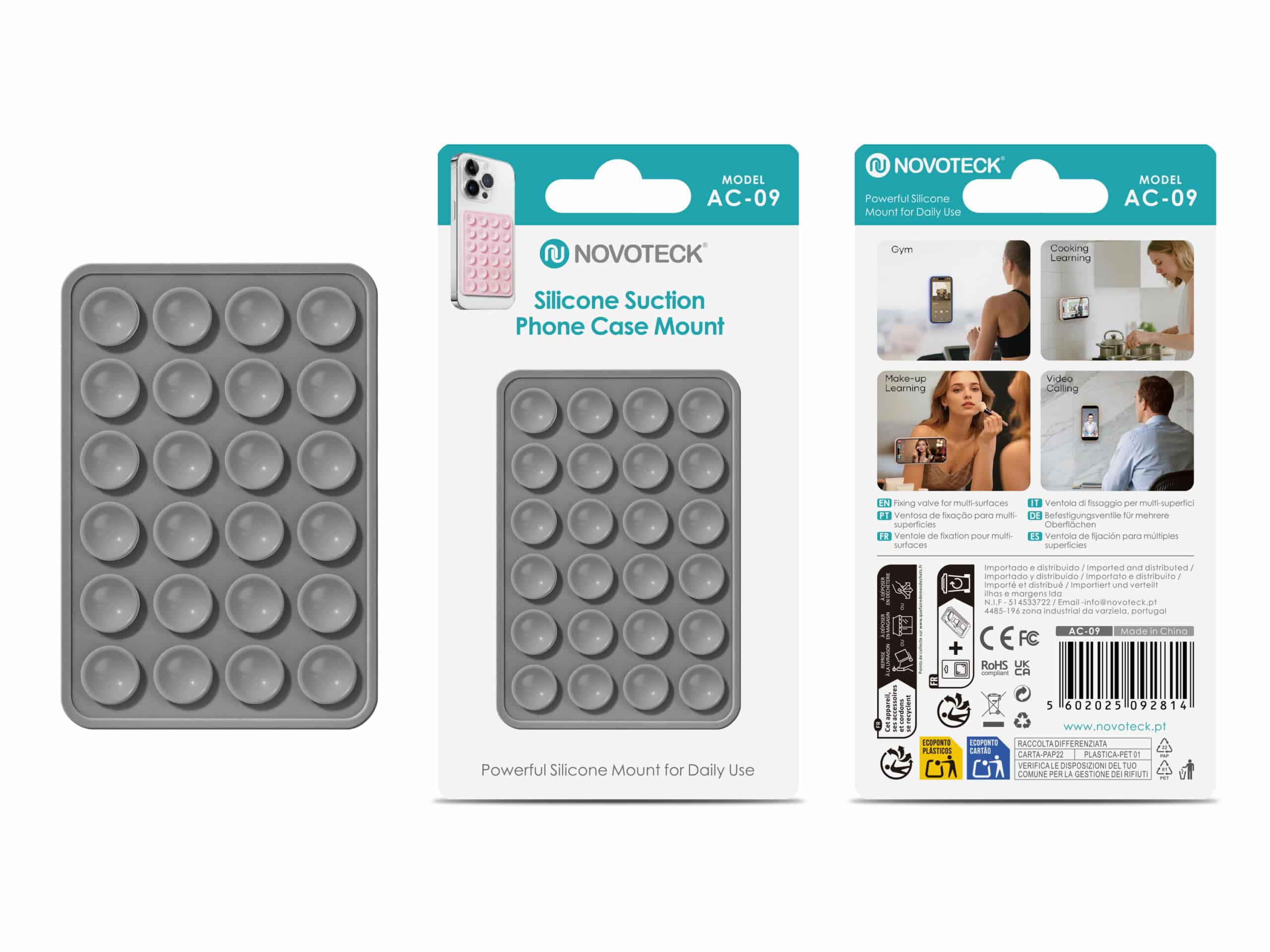 Suporte de Silicone com Ventosas para Telemóvel – Fixação Forte em Superfícies Múltiplas – Cinzento AC-09