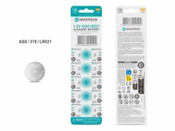 Pack 10 Pilhas Botão NOVOTECK AG0 / LR521 / 379, 1.5V Alcalinas, para Relógios, Calculadoras e Pequenos Dispositivos
