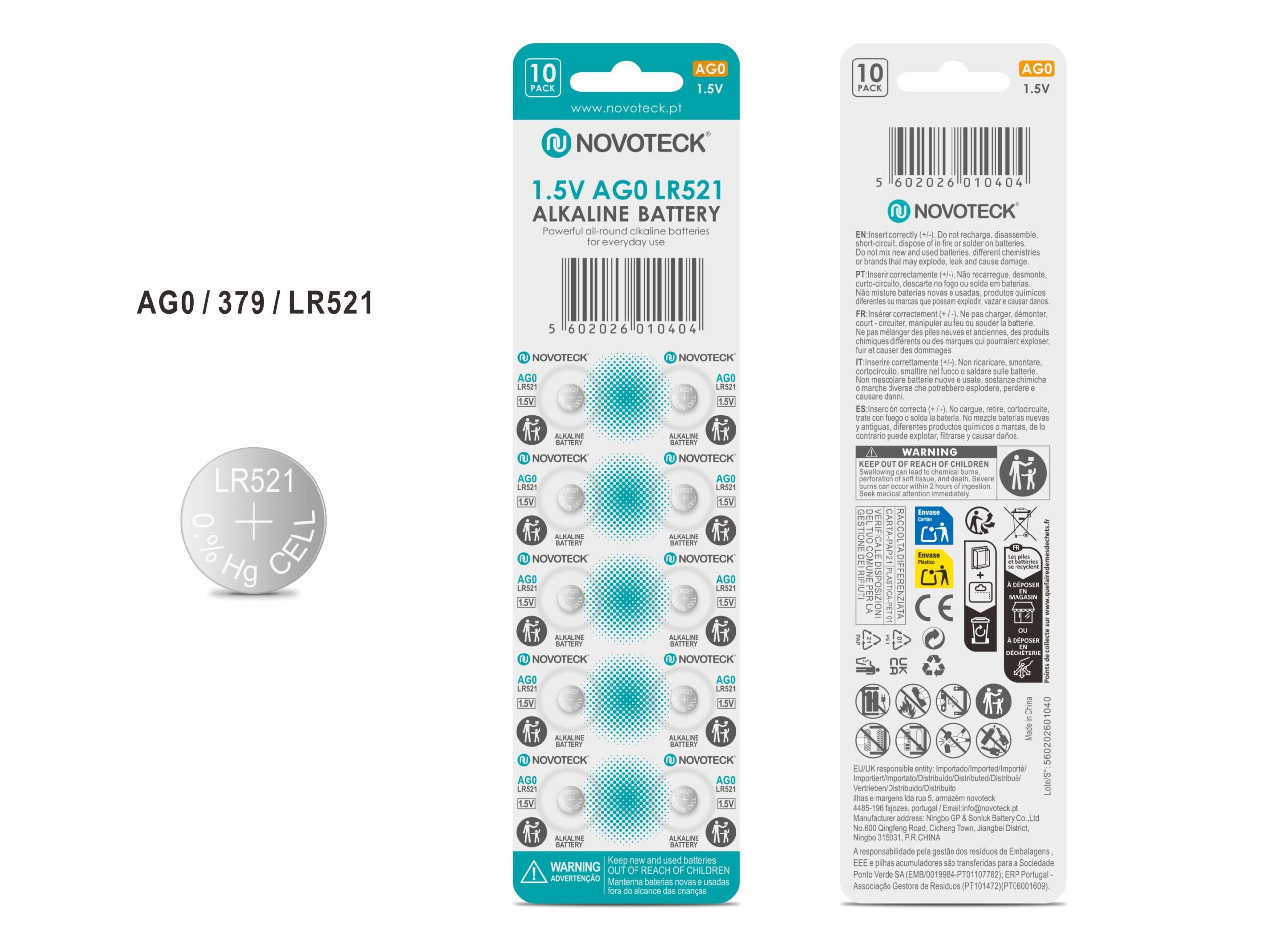 Pack 10 Pilhas Botão NOVOTECK AG0 / LR521 / 379, 1.5V Alcalinas, para Relógios, Calculadoras e Pequenos Dispositivos