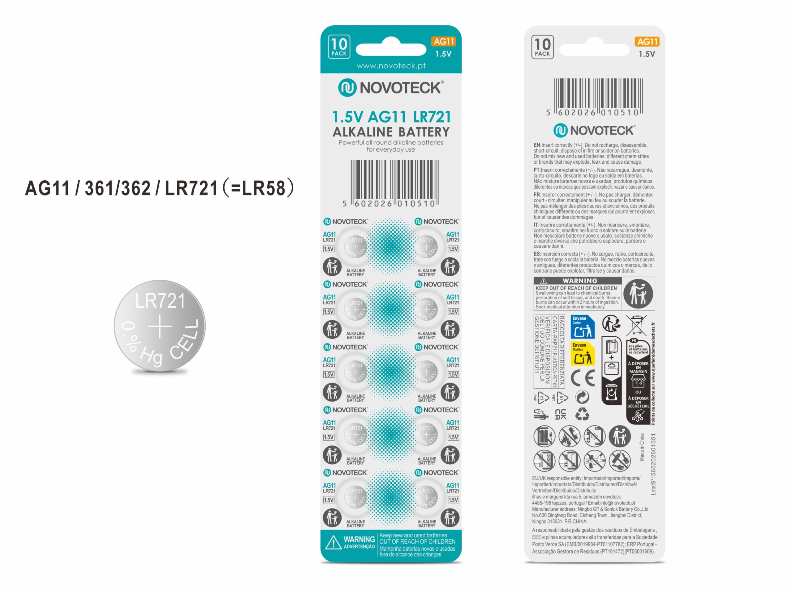 Pack 10 Pilhas Botão NOVOTECK AG11 / LR721 / 361 / 362, 1.5V Alcalinas, para Relógios, Calculadoras e Pequenos Dispositivos