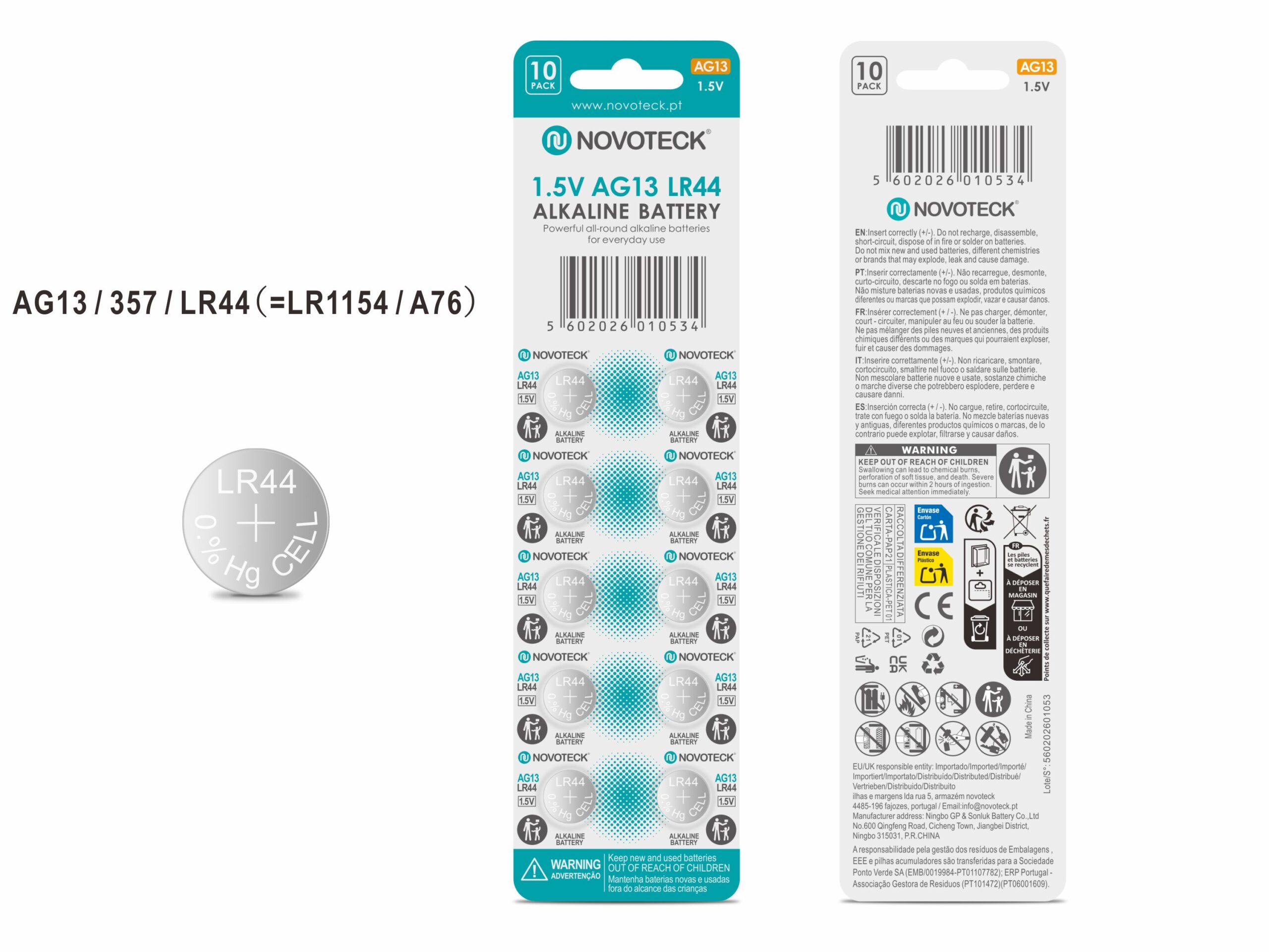 Pack 10 Pilhas Botão NOVOTECK AG13 / LR44 / 357, 1.5V Alcalinas, para Relógios, Brinquedos e Pequenos Dispositivos