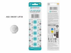 Pack 10 Pilhas Botão NOVOTECK AG2 / LR726 / 396 / 397, 1.5V Alcalinas, para Relógios, Calculadoras e Pequenos Dispositivos