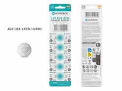 Pack 10 Pilhas Botão NOVOTECK AG5 / LR754 / 393, 1.5V Alcalinas, para Relógios, Calculadoras e Pequenos Dispositivos