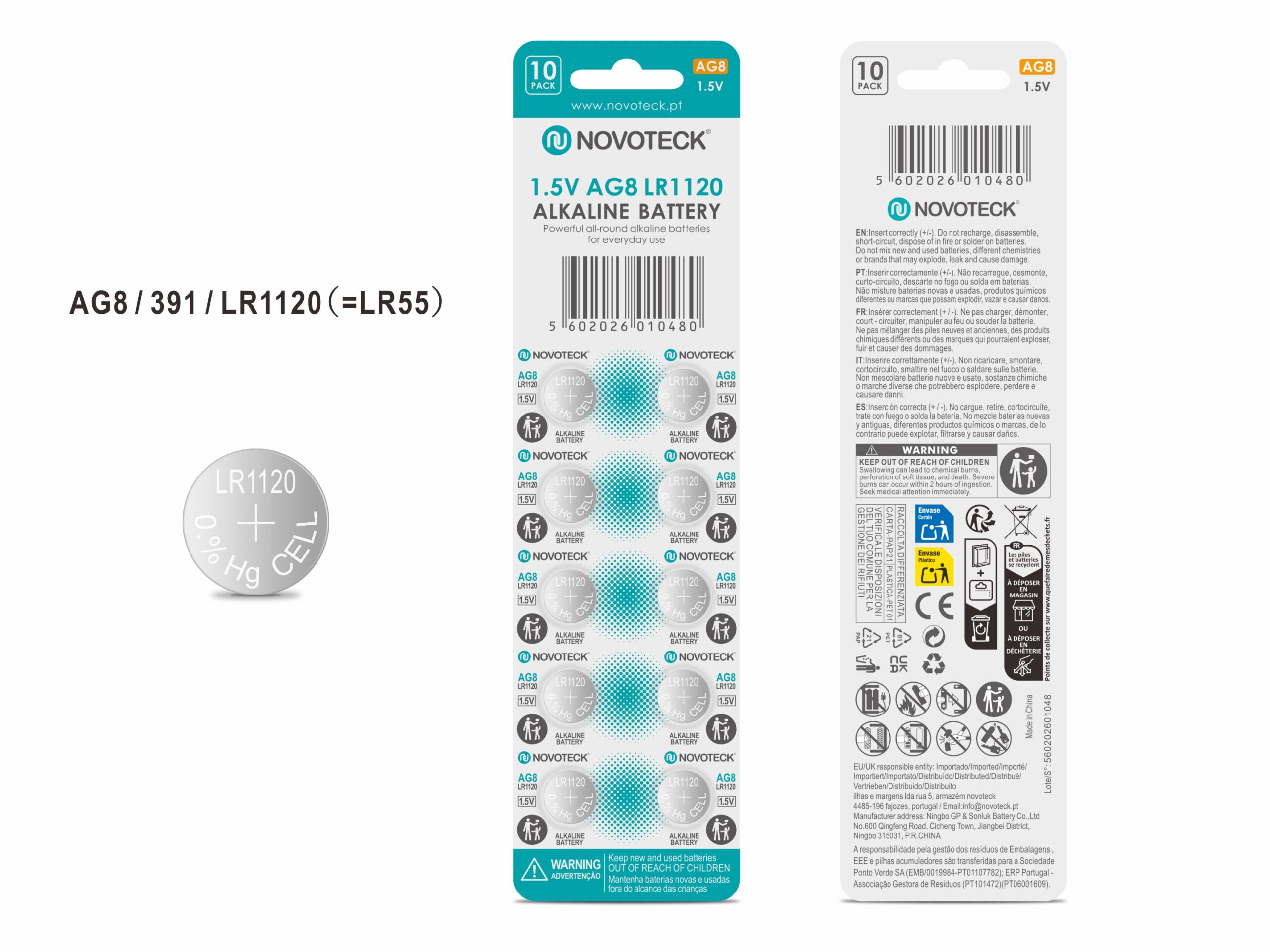 Pack 10 Pilhas Botão NOVOTECK AG8 / LR1120 / 391, 1.5V Alcalinas, para Relógios, Calculadoras e Pequenos Dispositivos