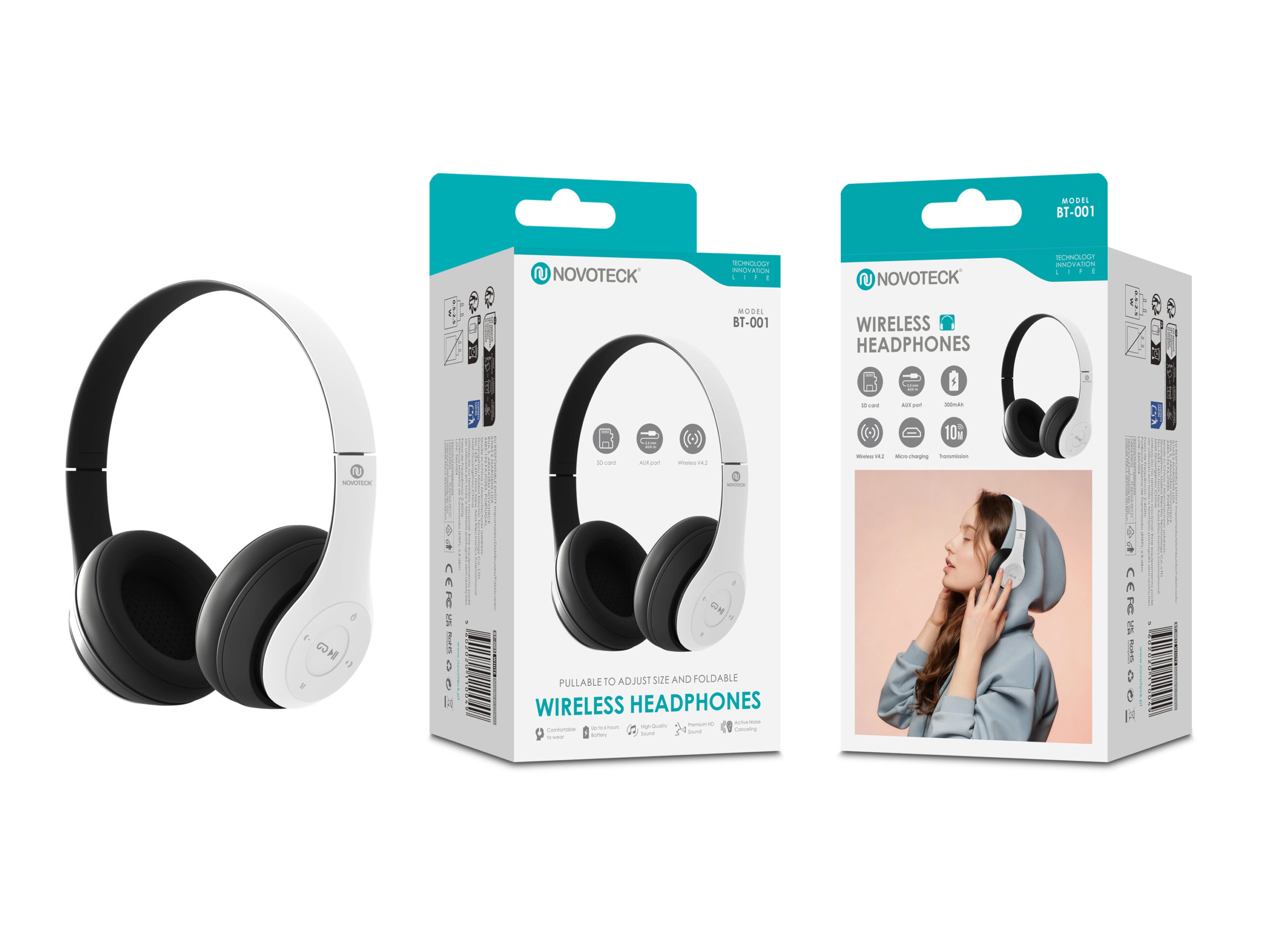 Auscultadores Sem Fios NOVOTECK BT-001 Branco, Bluetooth V4.2, 300mAh, Dobráveis, Entrada SD, AUX e Carregamento Micro USB