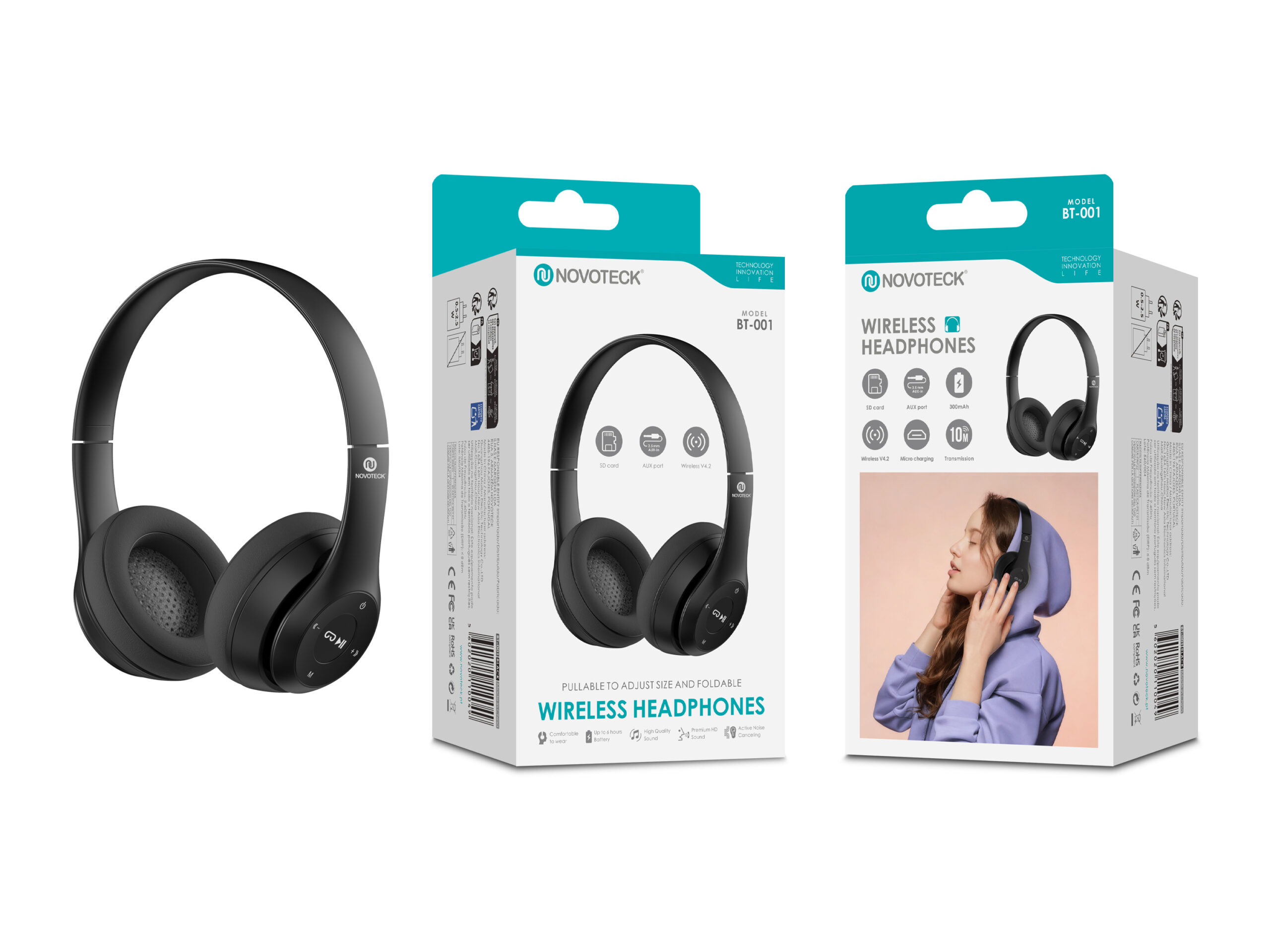 Auscultadores Sem Fios NOVOTECK BT-001 Preto, Bluetooth V4.2, 300mAh, Dobráveis, Entrada SD, AUX e Carregamento Micro USB