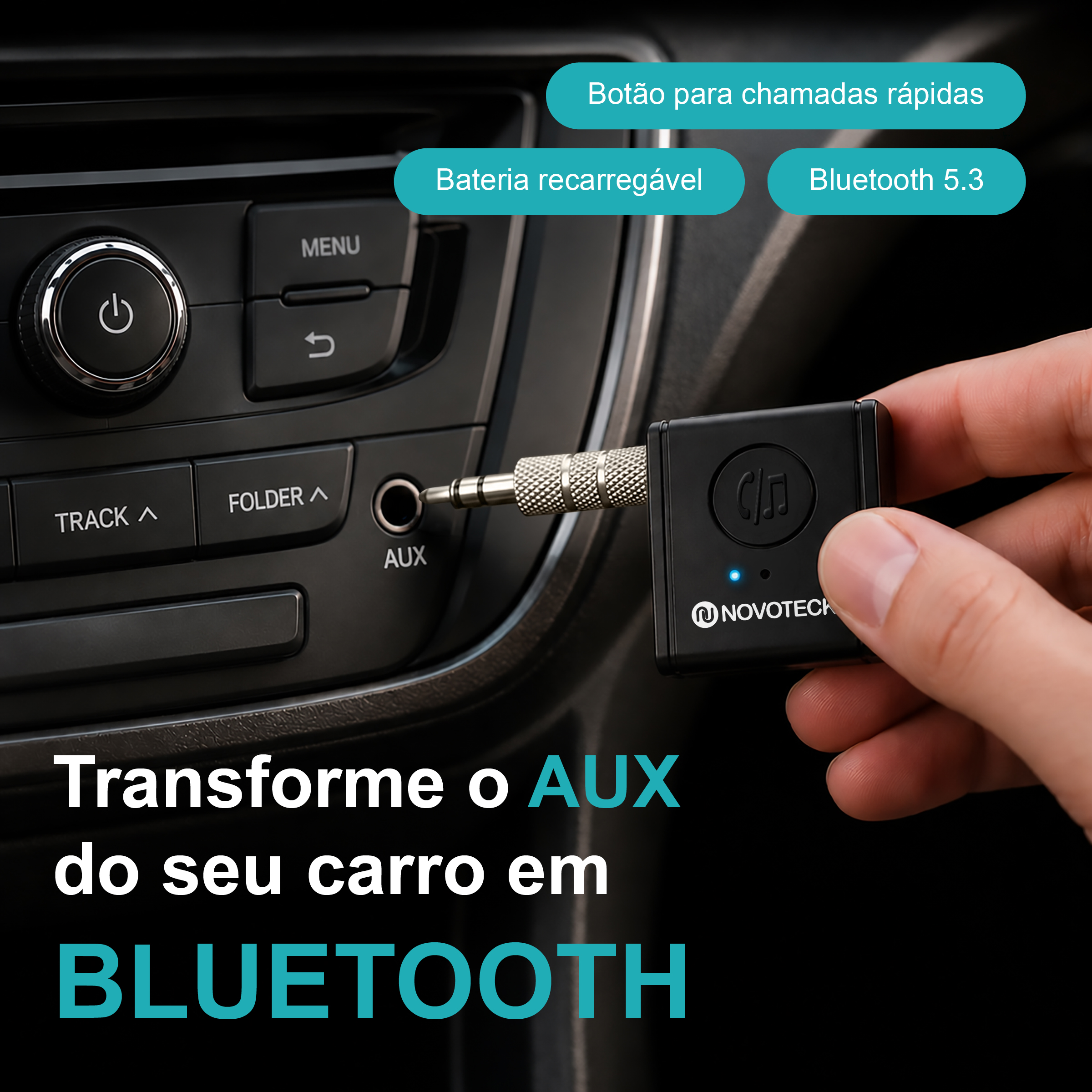 Receptor Bluetooth AUX NOVOTECK HK-079 – Versão BT 5.3 com Entrada Tipo-C e Bateria Recarregável – Chamadas Mãos Livres e Áudio Hi-Fi - Image 2