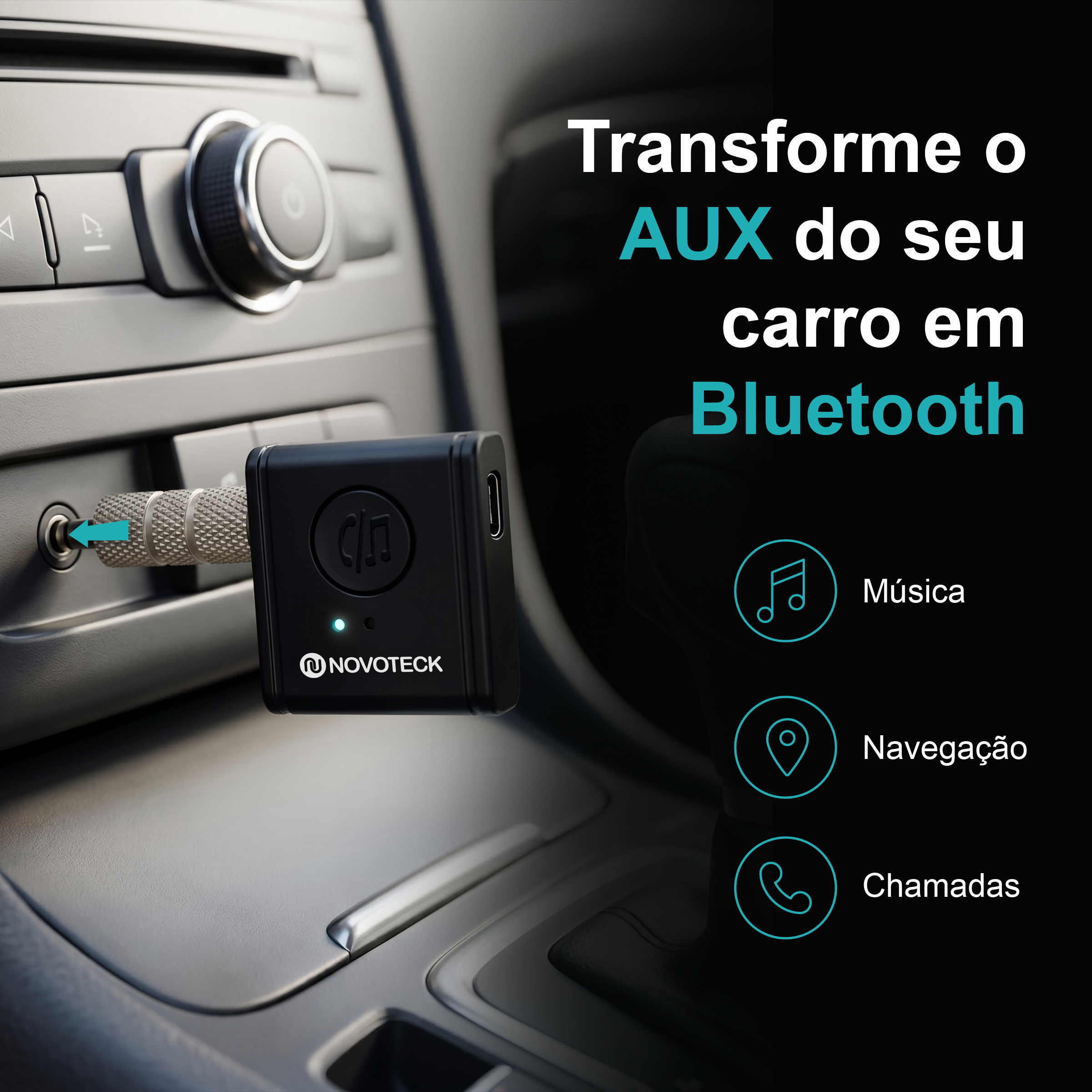 Receptor Bluetooth AUX NOVOTECK HK-079 – Versão BT 5.3 com Entrada Tipo-C e Bateria Recarregável – Chamadas Mãos Livres e Áudio Hi-Fi - Image 3