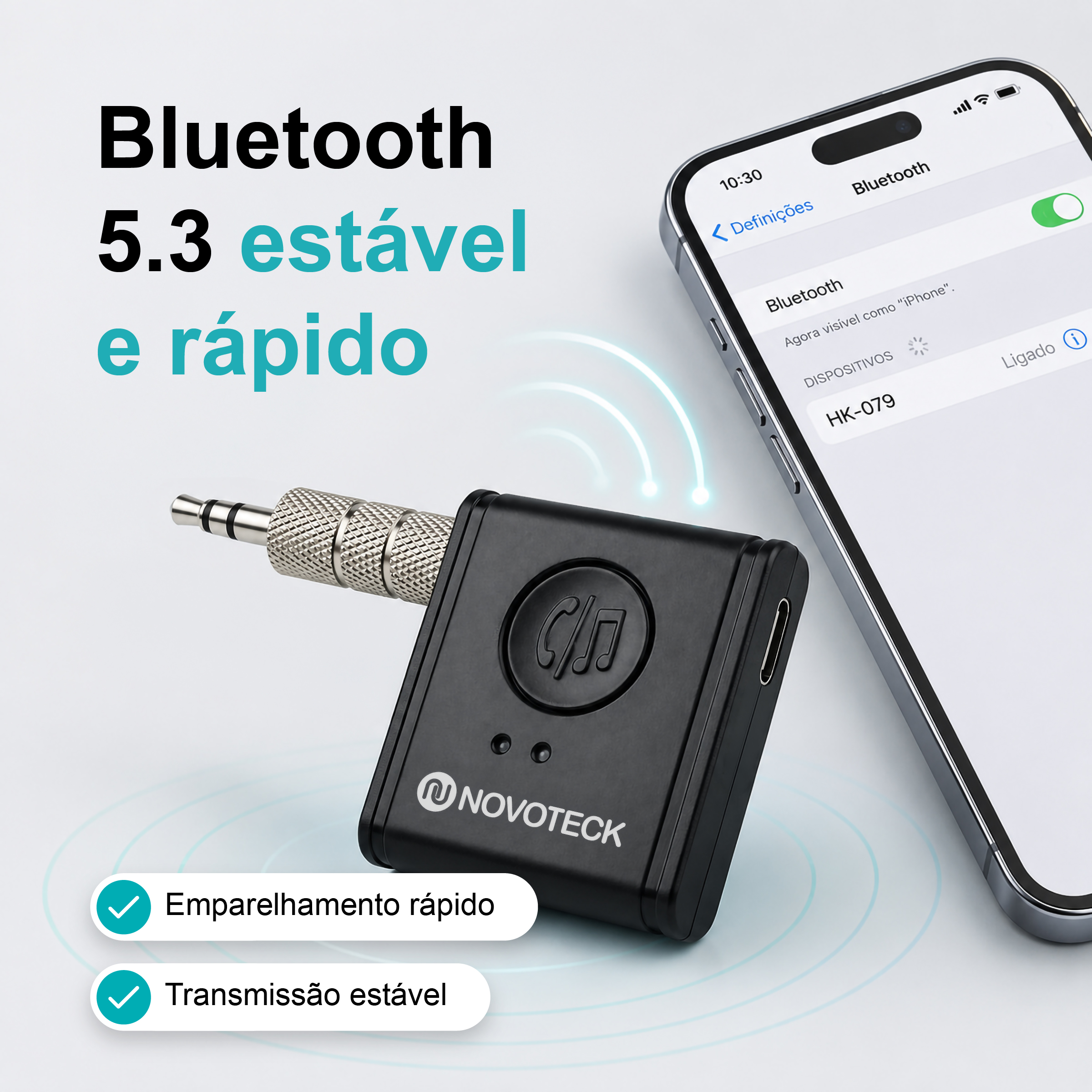 Receptor Bluetooth AUX NOVOTECK HK-079 – Versão BT 5.3 com Entrada Tipo-C e Bateria Recarregável – Chamadas Mãos Livres e Áudio Hi-Fi - Image 4