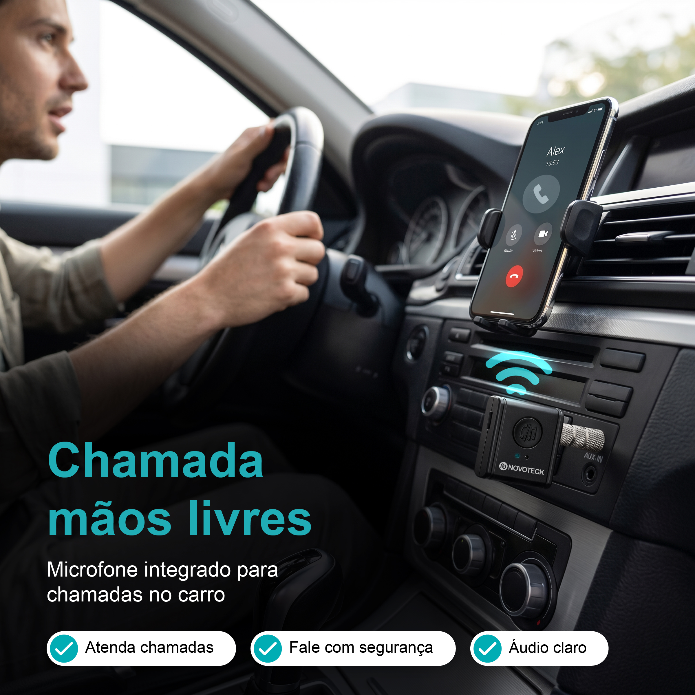 Receptor Bluetooth AUX NOVOTECK HK-079 – Versão BT 5.3 com Entrada Tipo-C e Bateria Recarregável – Chamadas Mãos Livres e Áudio Hi-Fi - Image 5
