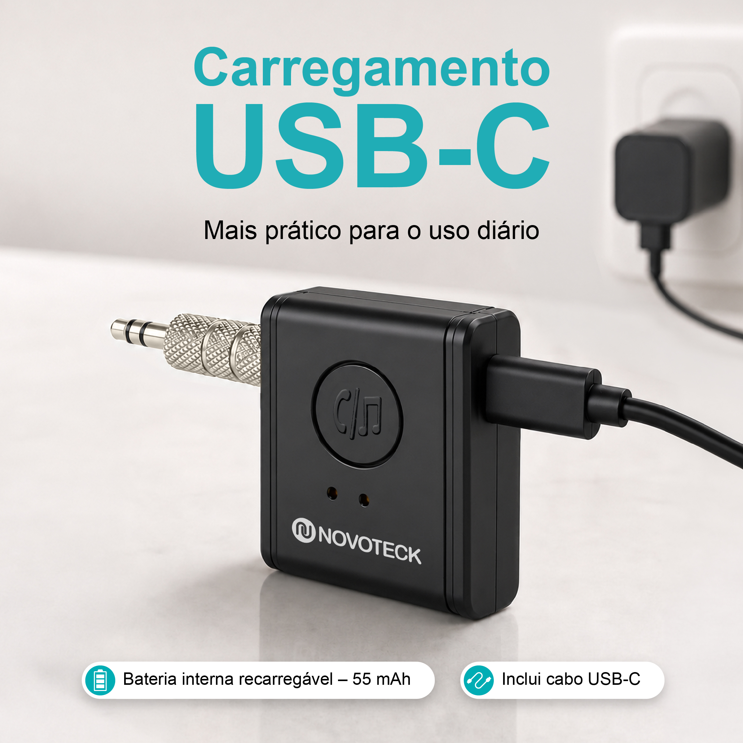 Receptor Bluetooth AUX NOVOTECK HK-079 – Versão BT 5.3 com Entrada Tipo-C e Bateria Recarregável – Chamadas Mãos Livres e Áudio Hi-Fi - Image 6