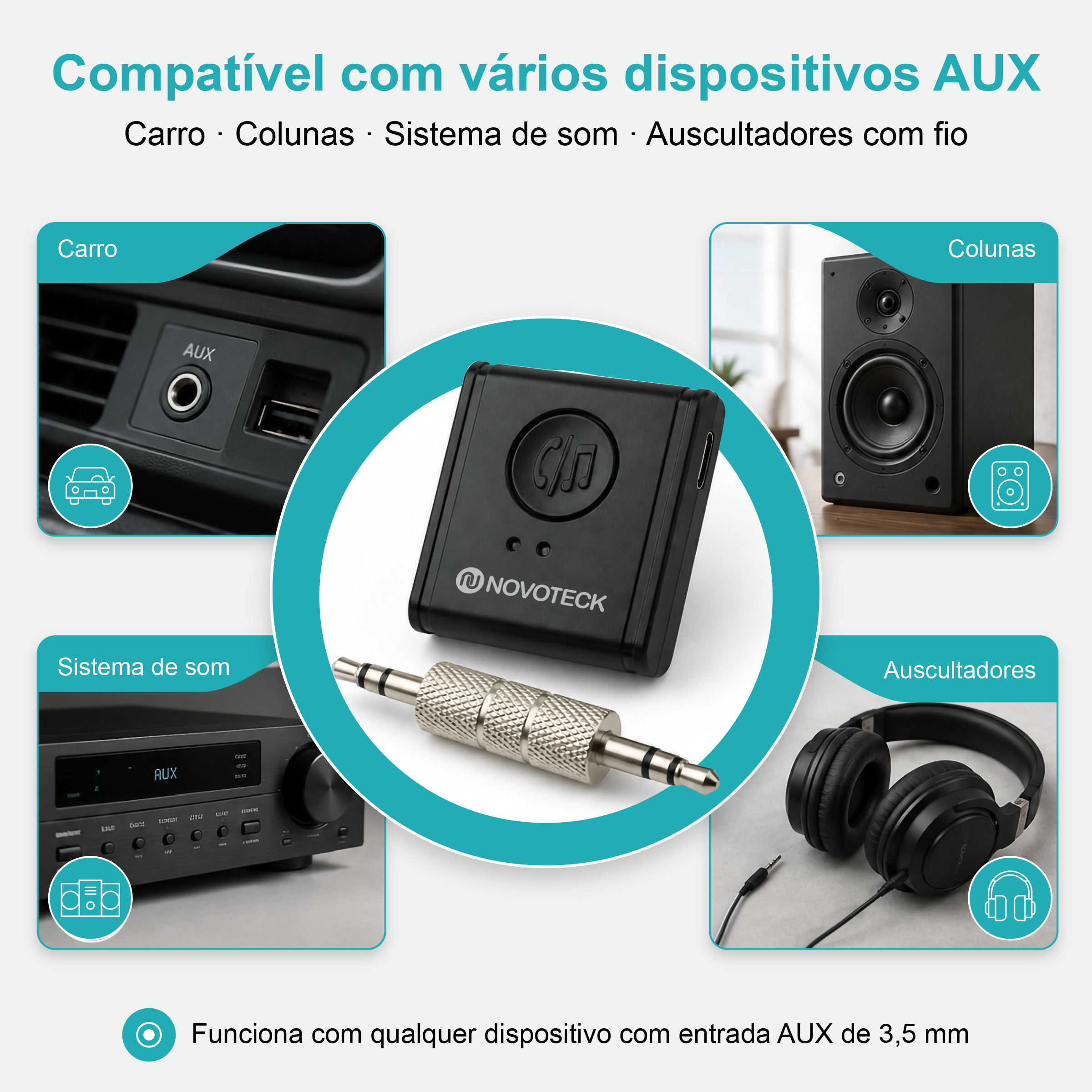 Receptor Bluetooth AUX NOVOTECK HK-079 – Versão BT 5.3 com Entrada Tipo-C e Bateria Recarregável – Chamadas Mãos Livres e Áudio Hi-Fi - Image 7