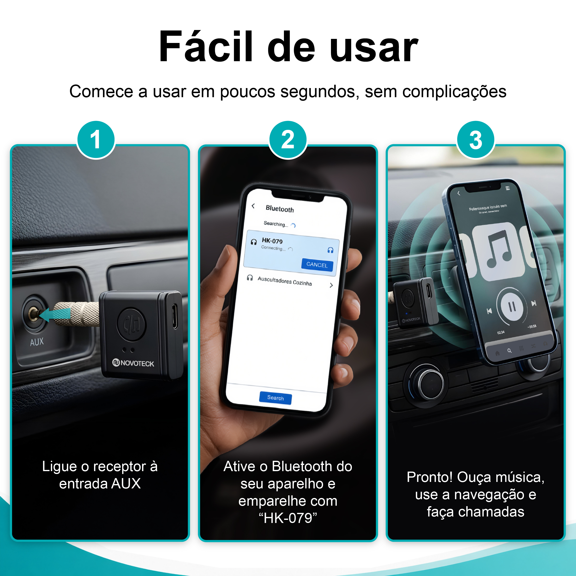 Receptor Bluetooth AUX NOVOTECK HK-079 – Versão BT 5.3 com Entrada Tipo-C e Bateria Recarregável – Chamadas Mãos Livres e Áudio Hi-Fi - Image 8