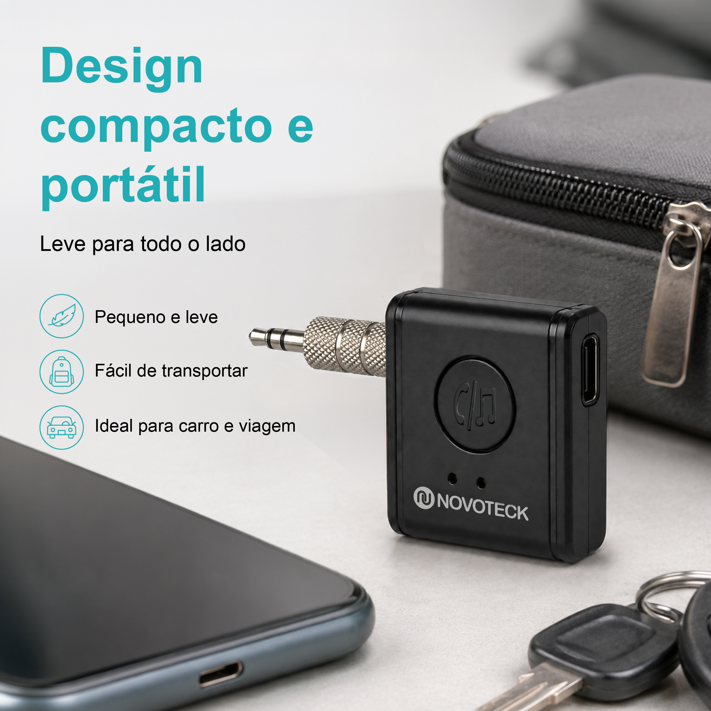 Receptor Bluetooth AUX NOVOTECK HK-079 – Versão BT 5.3 com Entrada Tipo-C e Bateria Recarregável – Chamadas Mãos Livres e Áudio Hi-Fi - Image 9